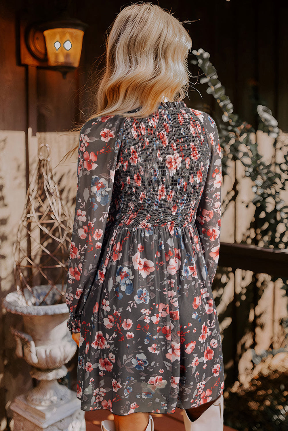 Brown Frilly Smocked Bodice Floral Mesh Long Sleeve Mini Dress-TOPS / DRESSES-[Adult]-[Female]-2022 Online Blue Zone Planet