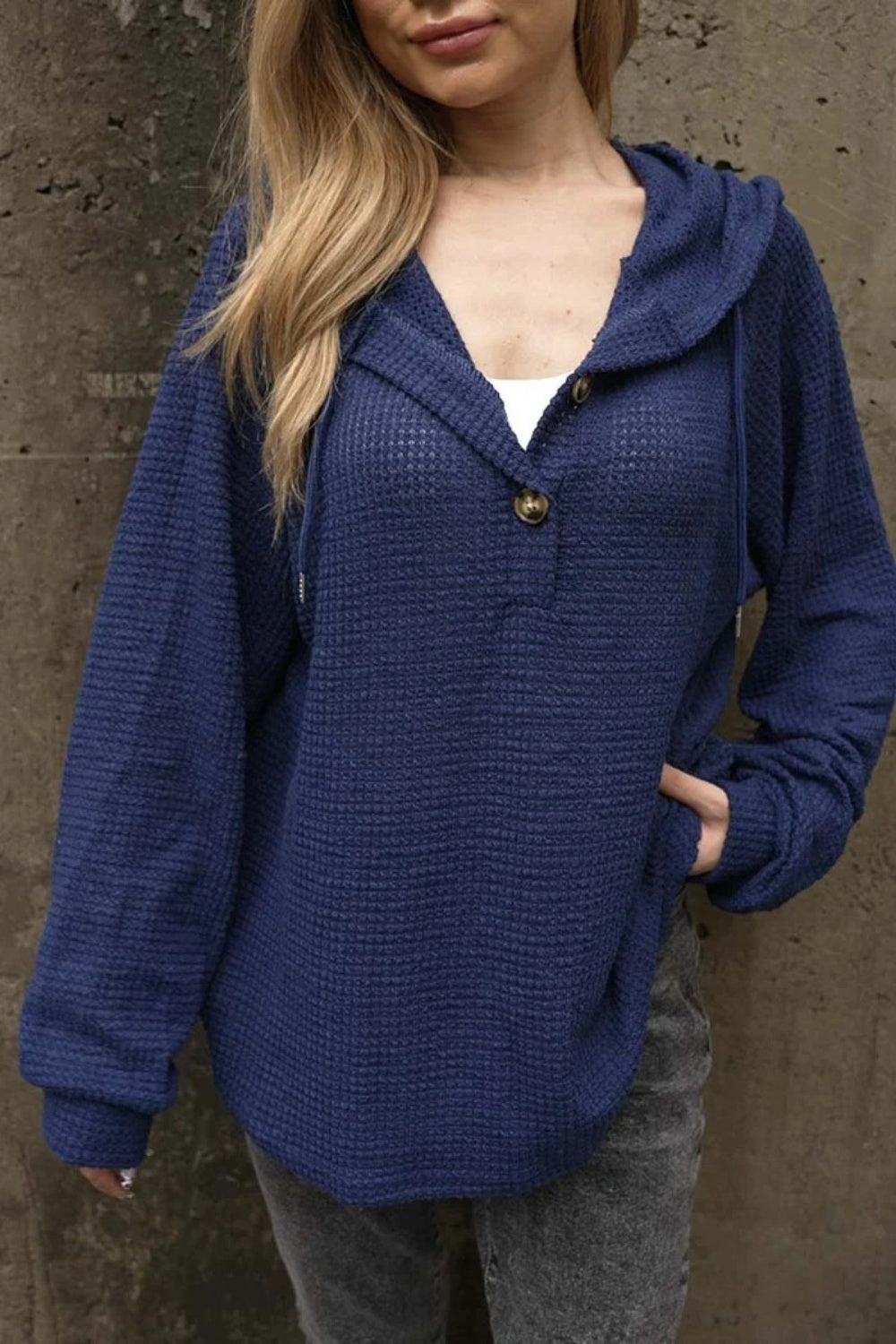 Waffle-Knit Long Sleeve Hooded T-Shirt-[Adult]-[Female]-Dark Blue-S-2022 Online Blue Zone Planet