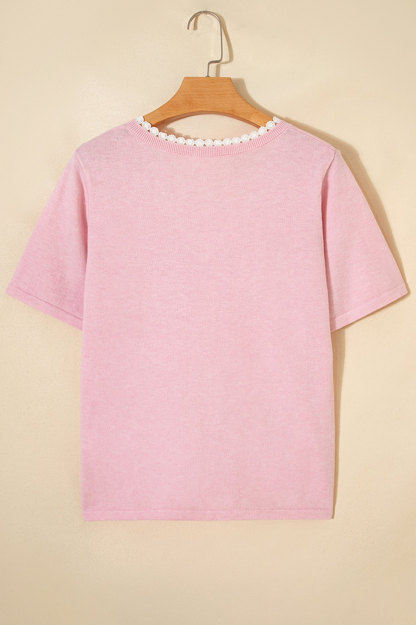 Strawberry Pink Lacy V Neckline Short Sleeve Sweater-TOPS / DRESSES-[Adult]-[Female]-2022 Online Blue Zone Planet
