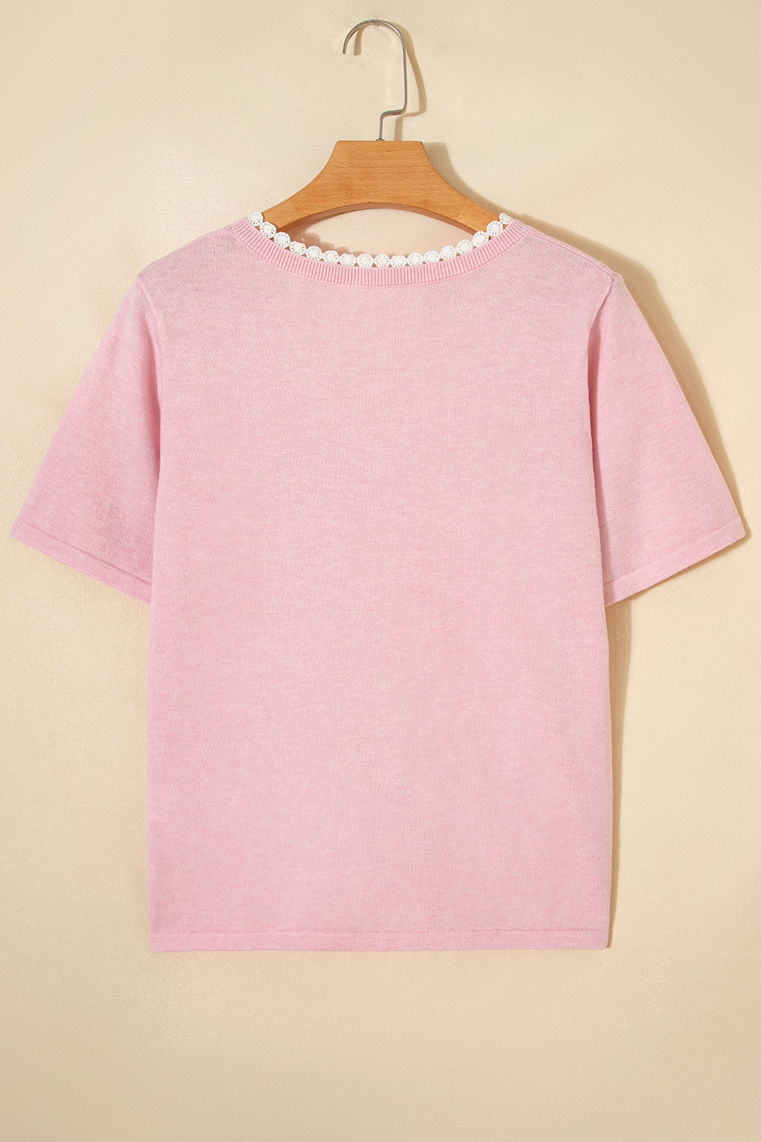 Strawberry Pink Lacy V Neckline Short Sleeve Sweater-TOPS / DRESSES-[Adult]-[Female]-2022 Online Blue Zone Planet