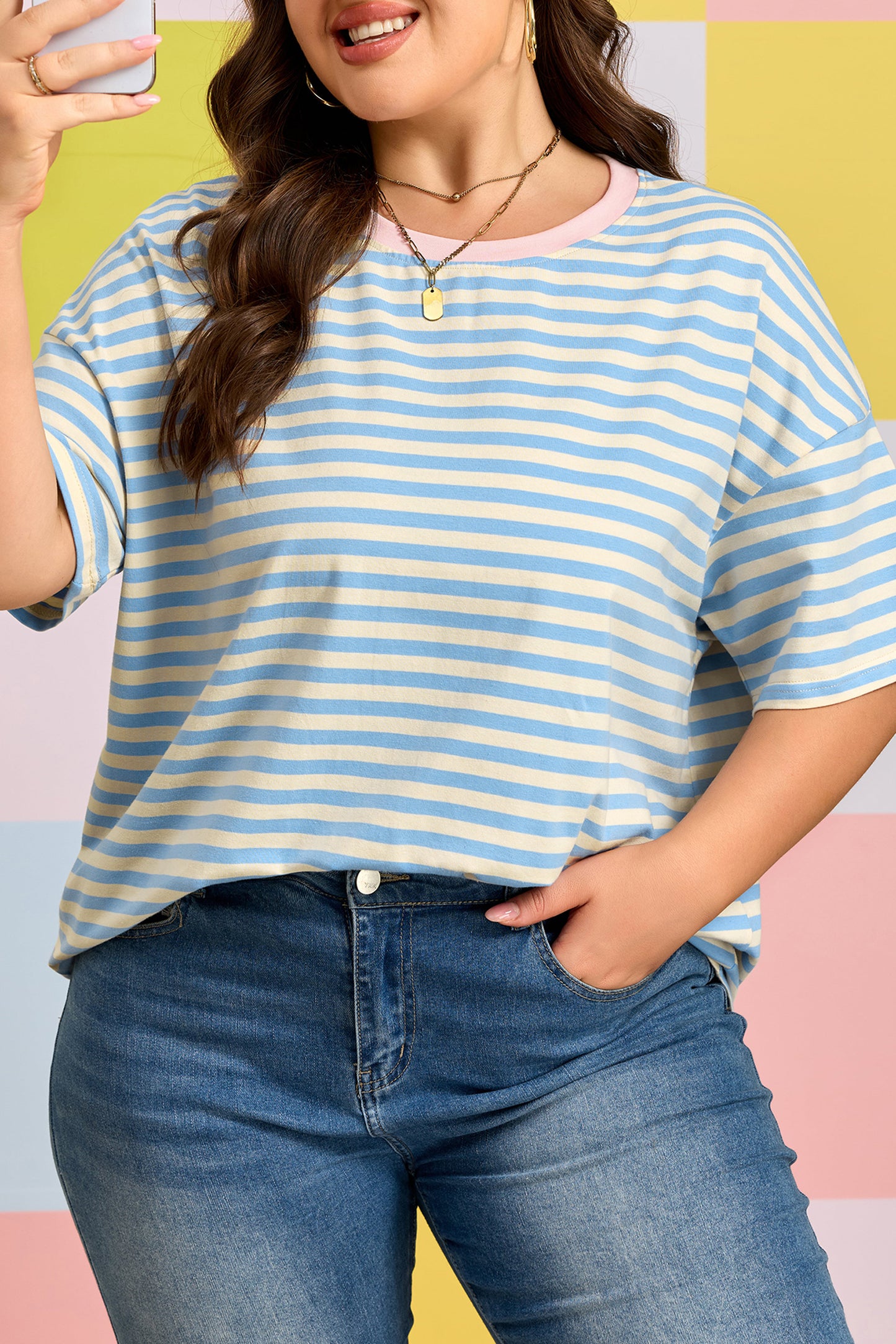 Sky Blue Stripe Plus Size Drop Shoulder Contrast Trim Round Neck Tee-Plus Size/Plus Size Tops/Plus Size Tops & Tees-[Adult]-[Female]-2022 Online Blue Zone Planet