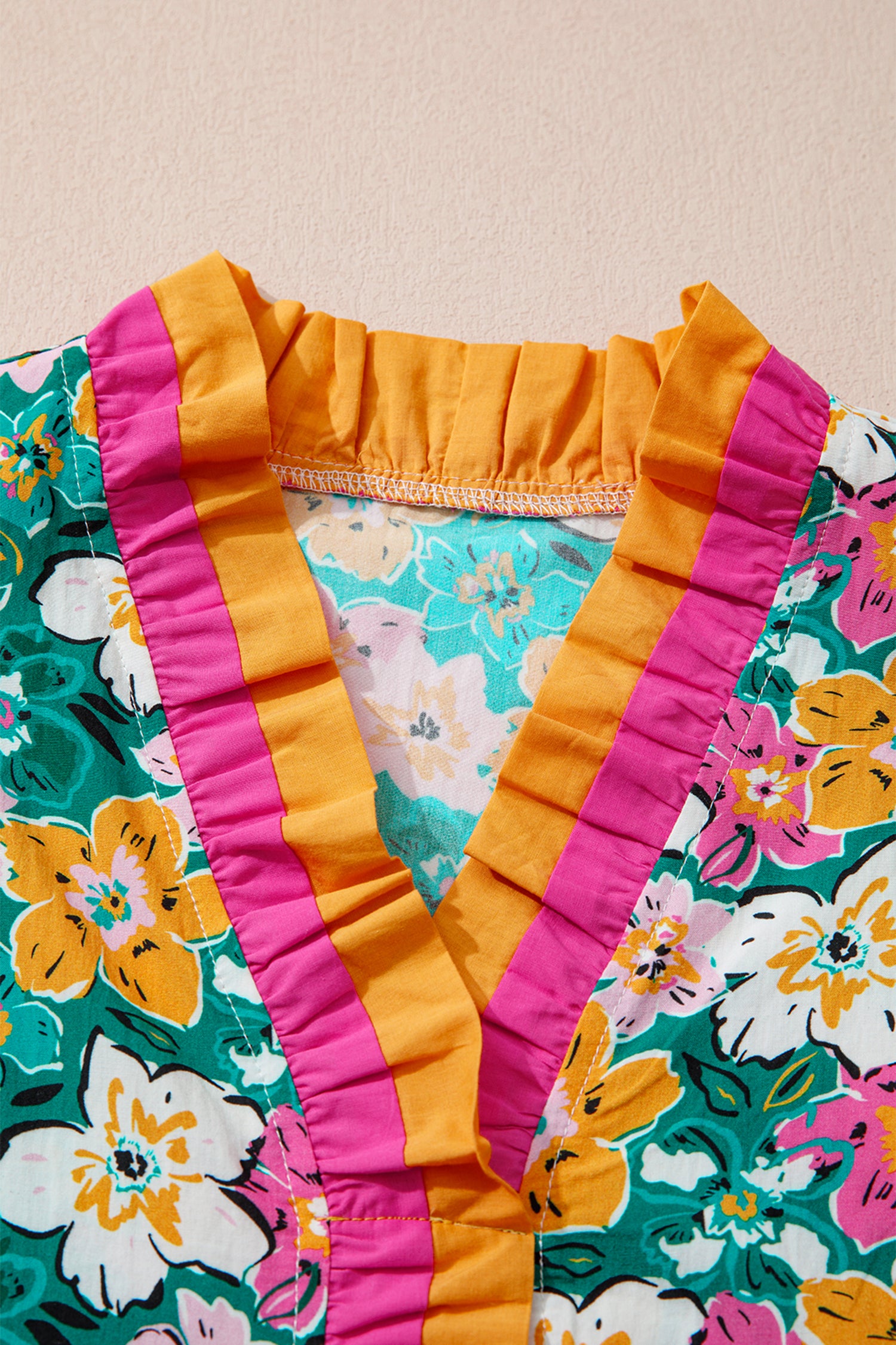 Green Floral Print Contrast Trim Frilled V Neck 3/4 Sleeve Blouse-Tops/Blouses & Shirts-[Adult]-[Female]-2022 Online Blue Zone Planet