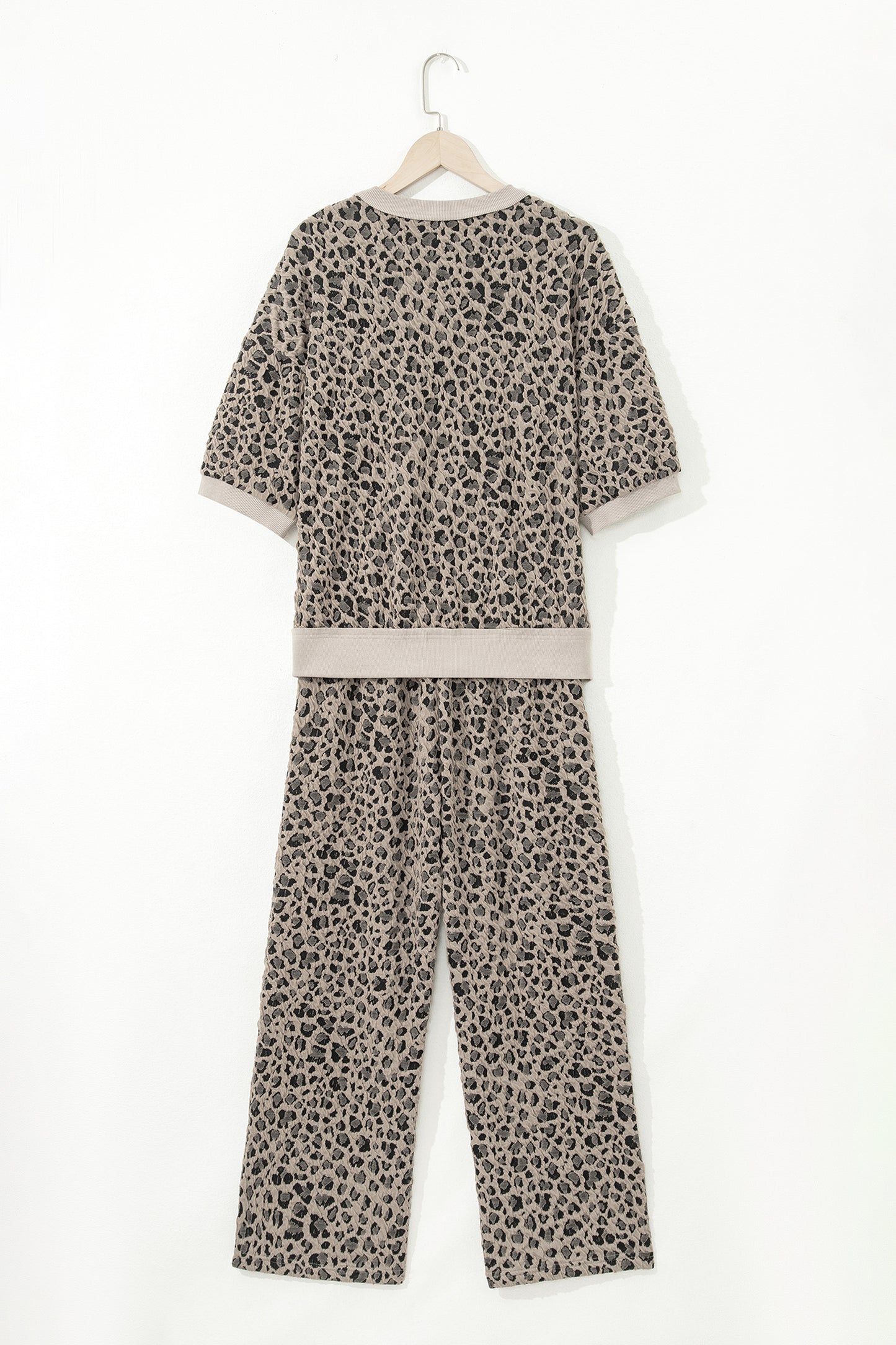 Khaki Jacquard Leopard Half Sleeve Jumper Wide Leg Pant Set-Two Piece Sets/Pant Sets-[Adult]-[Female]-2022 Online Blue Zone Planet