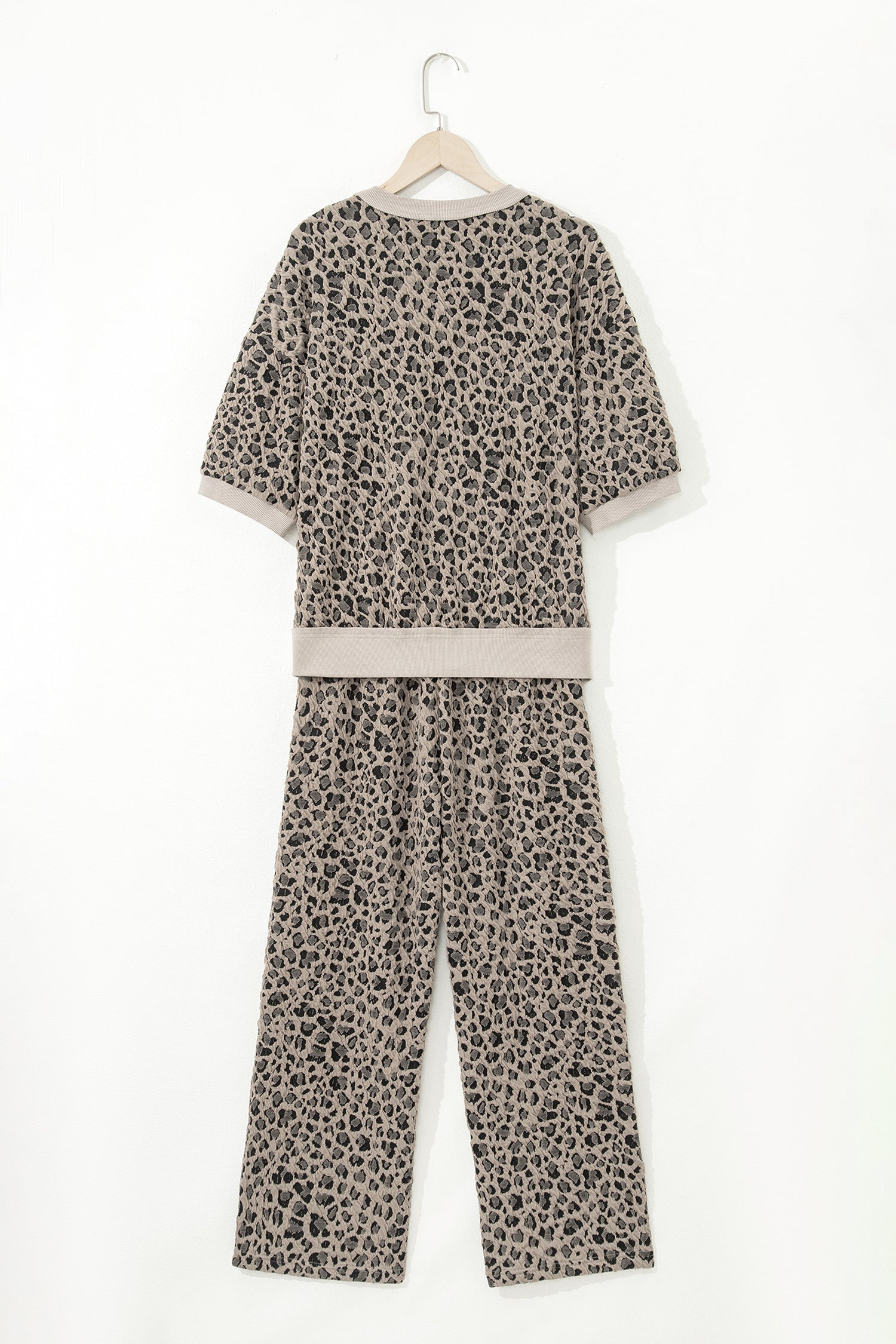 Khaki Jacquard Leopard Half Sleeve Jumper Wide Leg Pant Set-Two Piece Sets/Pant Sets-[Adult]-[Female]-2022 Online Blue Zone Planet