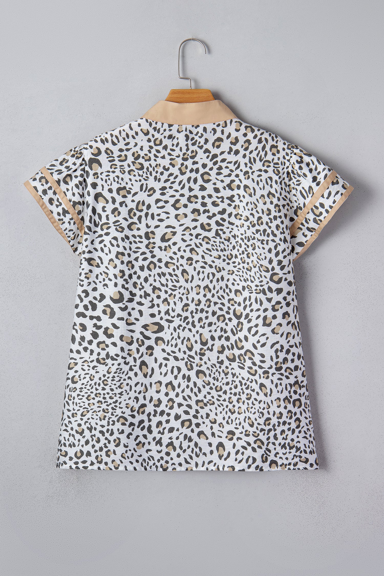White Leopard Printed Color Block Patchwork V Neck Cap Sleeve Blouse-Tops/Blouses & Shirts-[Adult]-[Female]-2022 Online Blue Zone Planet