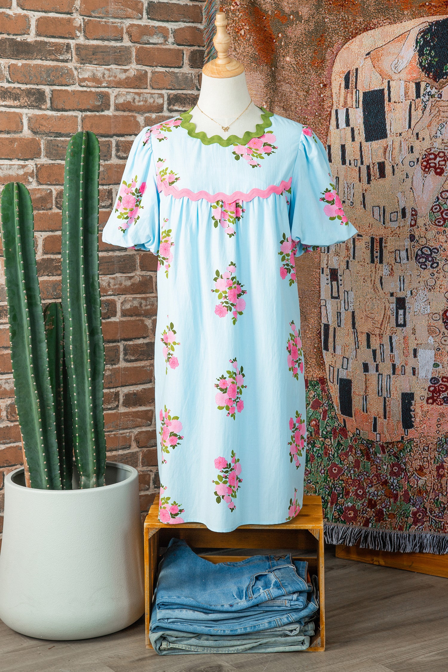 Sky Blue Floral Printed Contrast Ricrac Detail Bubble Sleeve Dress-TOPS / DRESSES-[Adult]-[Female]-2022 Online Blue Zone Planet