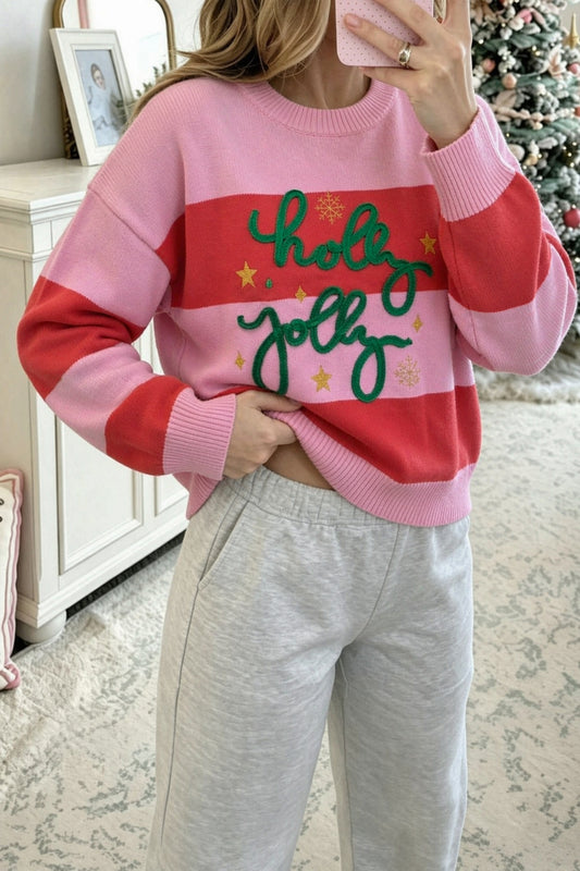 Pink Stripe Festive Holly Jolly Sequin Christmas Holiday Sweater-Sweaters & Cardigans/Sweaters-[Adult]-[Female]-Pink Stripe-S-2022 Online Blue Zone Planet