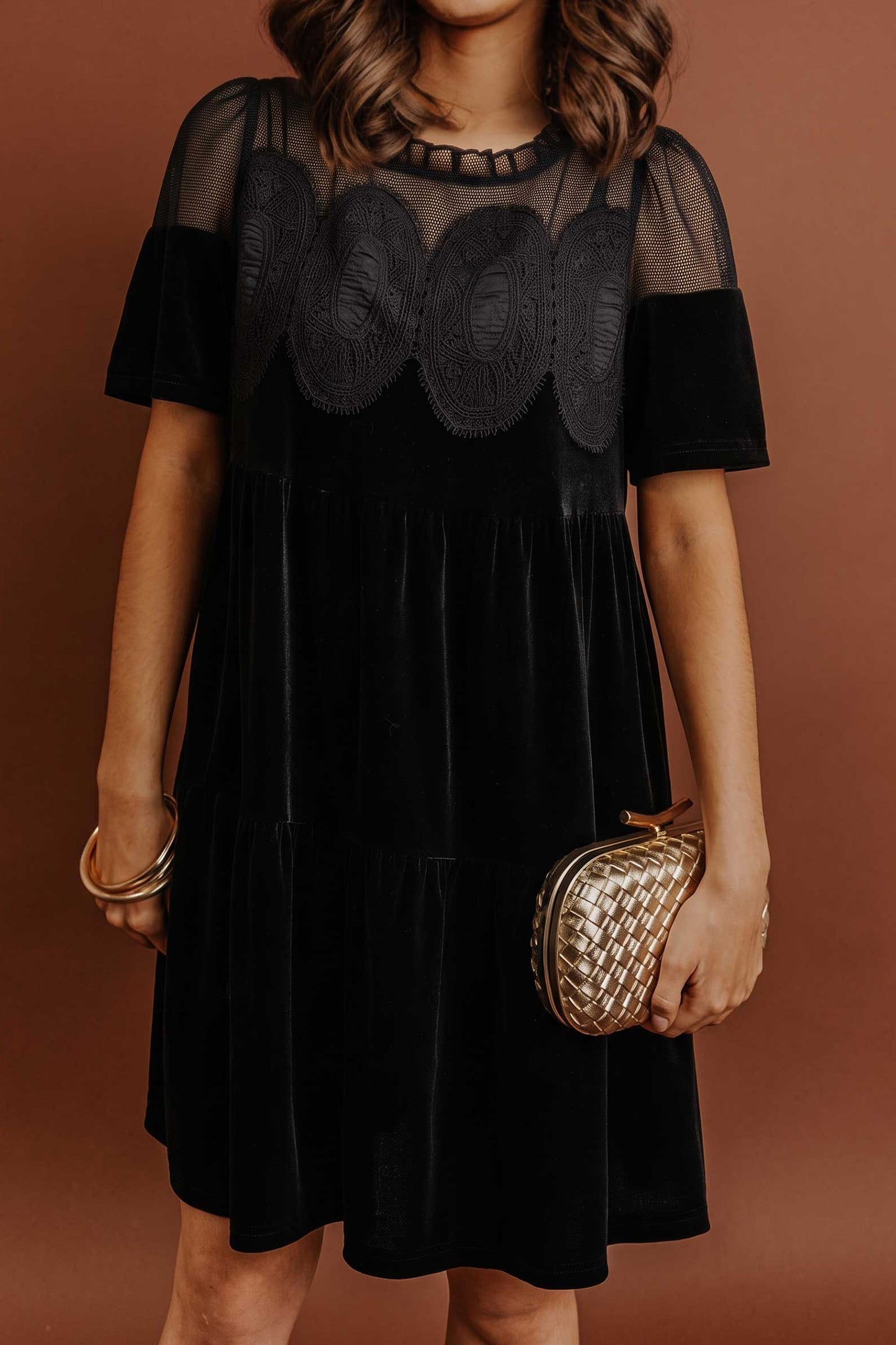 Black Embroidered Velvet Short Sleeve Mini Shift Dress