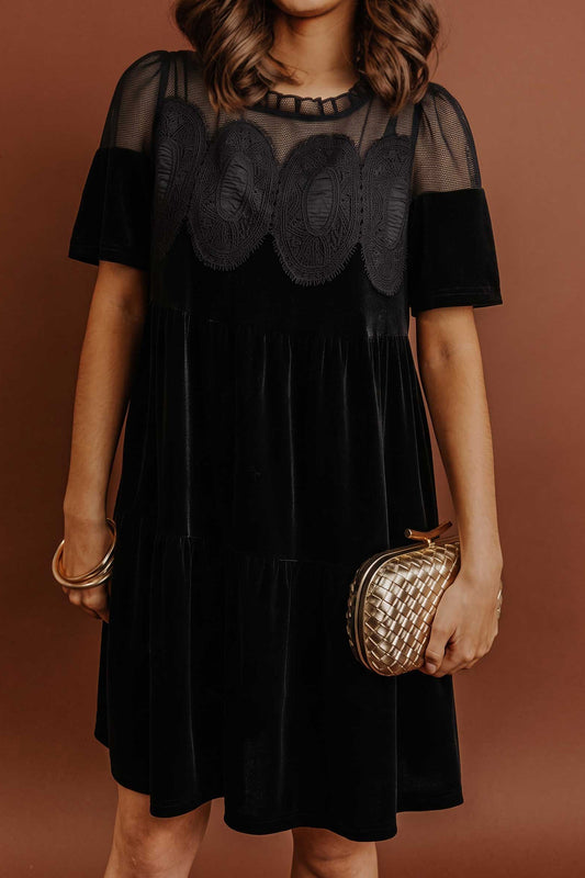 Black Embroidered Velvet Short Sleeve Mini Shift Dress-TOPS / DRESSES-[Adult]-[Female]-Black-S-2022 Online Blue Zone Planet