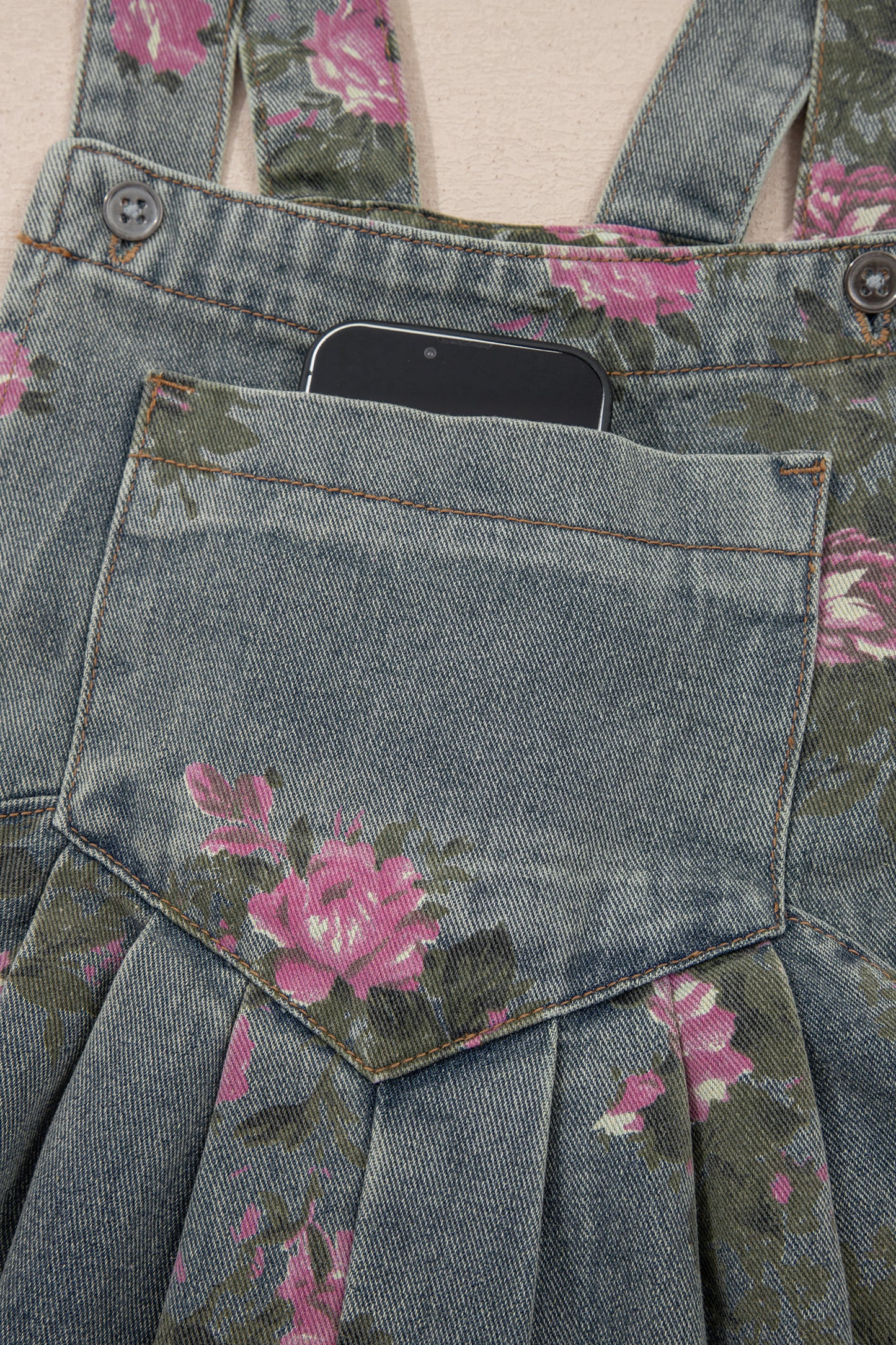 Blue Beau Floral Print Pleated High Waist Wide Leg Denim Jumpsuit-Bottoms/Jumpsuits & Rompers-[Adult]-[Female]-2022 Online Blue Zone Planet
