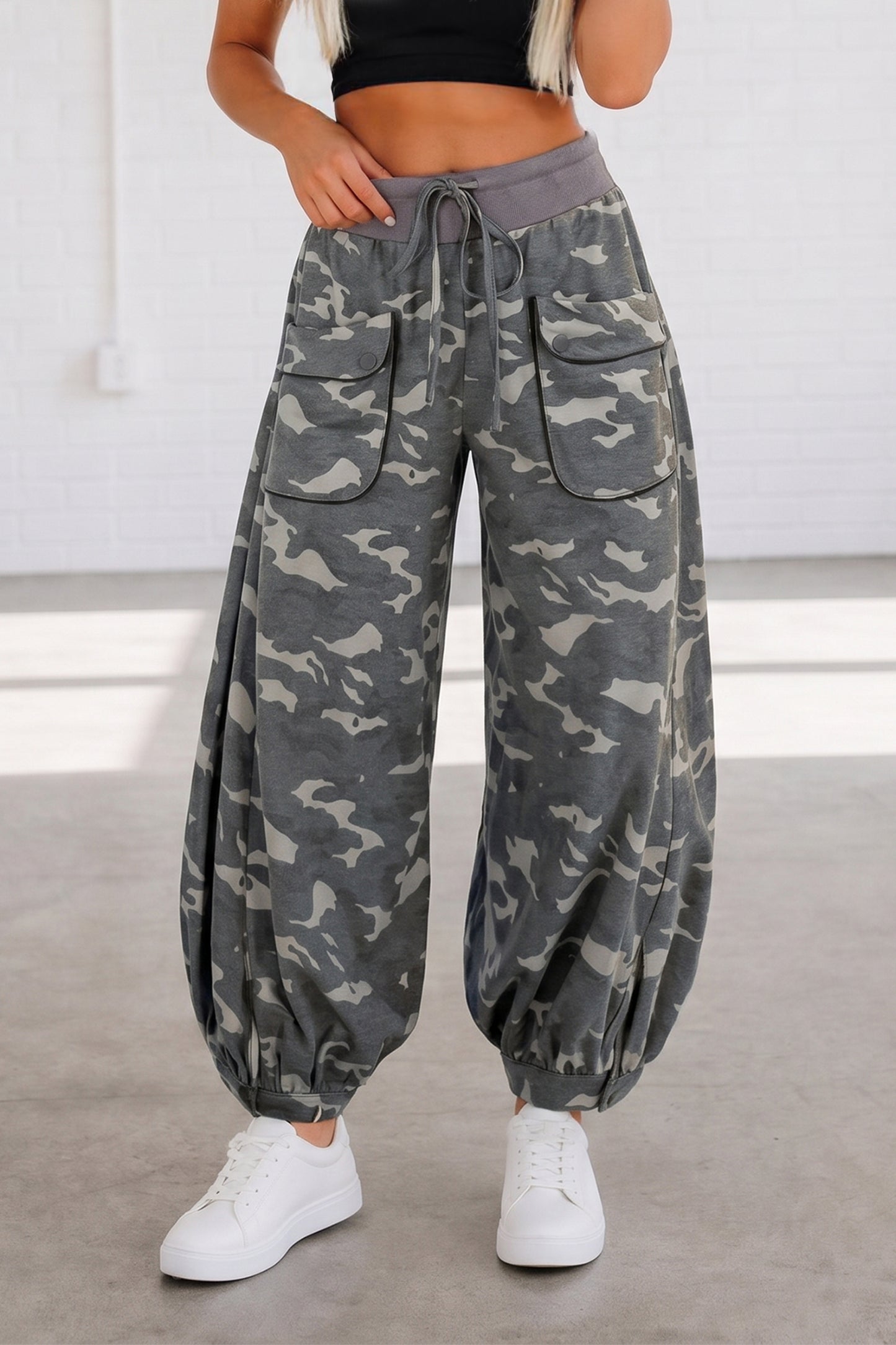 Multicolour Drawstring Contrast Waistband Camouflage Cargo Barrel Pants-Bottoms/Pants & Culotte-[Adult]-[Female]-Multicolour-S-2022 Online Blue Zone Planet