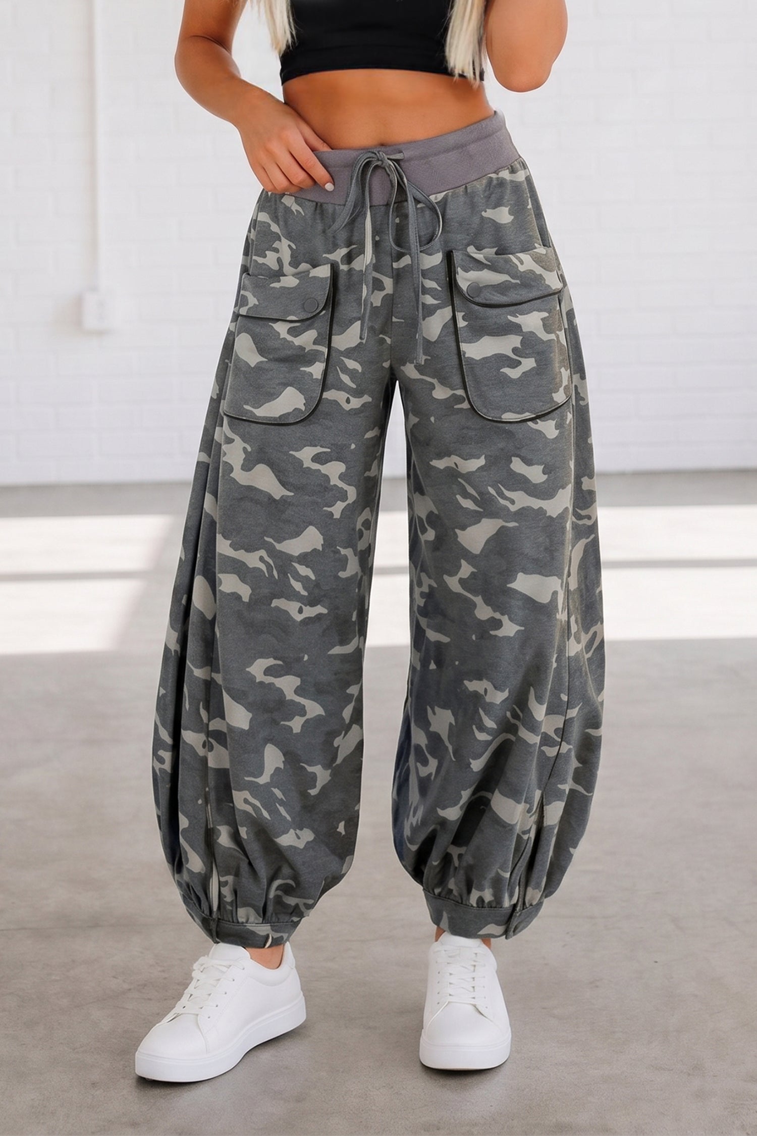 Multicolour Drawstring Contrast Waistband Camouflage Cargo Barrel Pants-Bottoms/Pants & Culotte-[Adult]-[Female]-Multicolour-S-2022 Online Blue Zone Planet