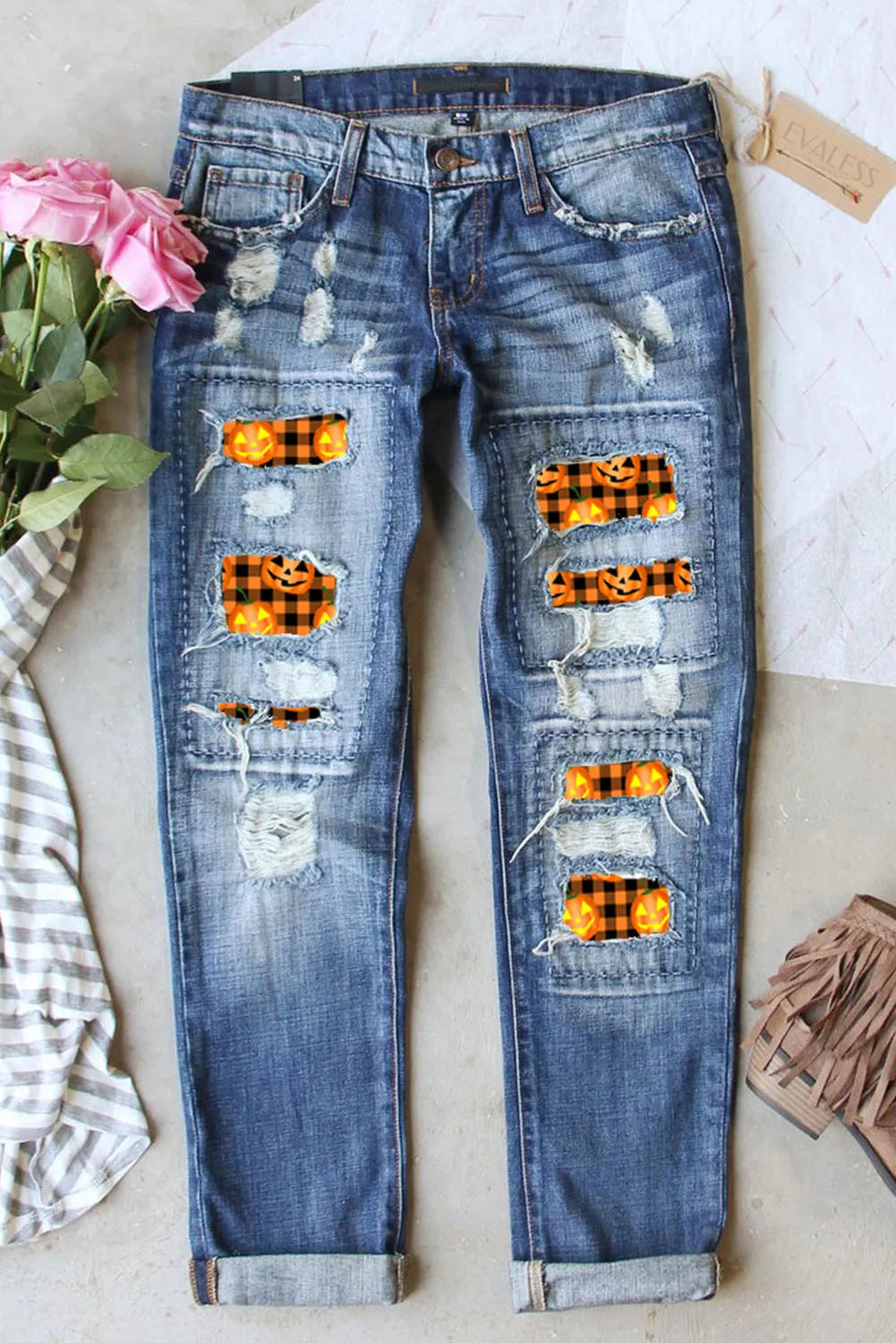 Distressed Pumpkin Pattern Jeans with Pockets-TOPS / DRESSES-[Adult]-[Female]-Medium-4-2022 Online Blue Zone Planet