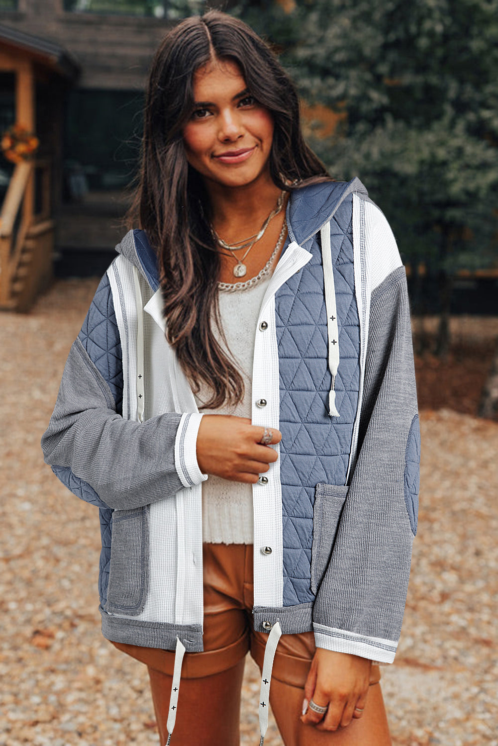 Blue Zone Planet | Light Blue Quilted Textured Patchwork Loose Fit Hooded Jacket-Outerwear/Jackets-[Adult]-[Female]-2022 Online Blue Zone Planet