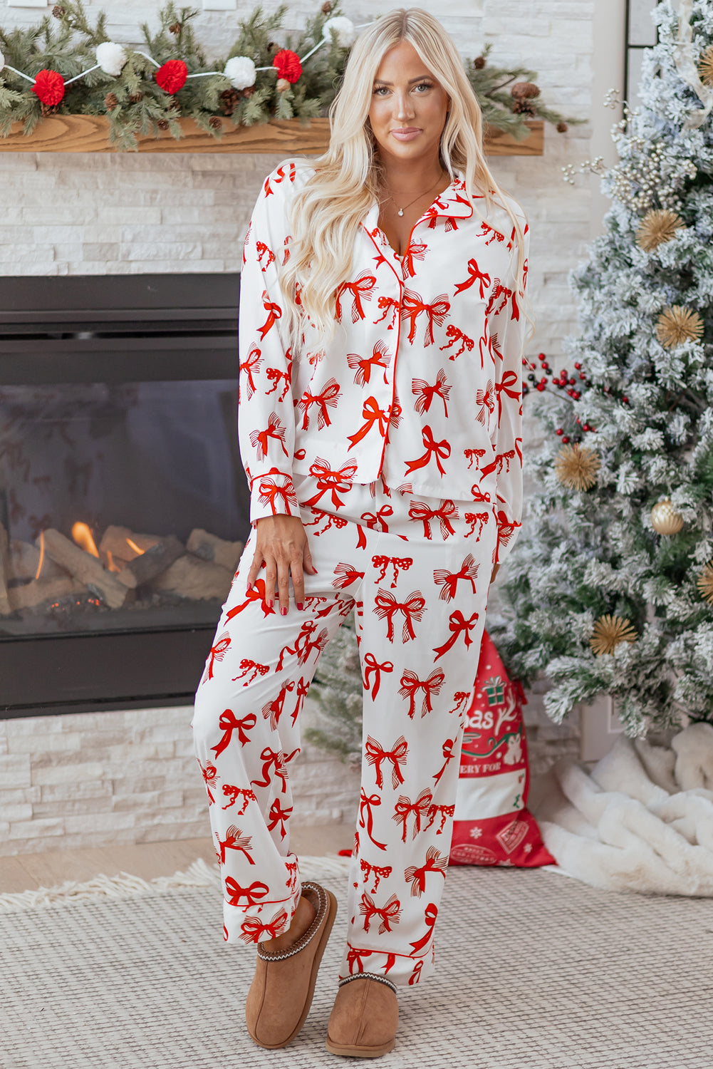 Red Christmas Bow Print Long 2pcs Pajama Set-Loungewear & Sleepwear/Sleepwear-[Adult]-[Female]-2022 Online Blue Zone Planet