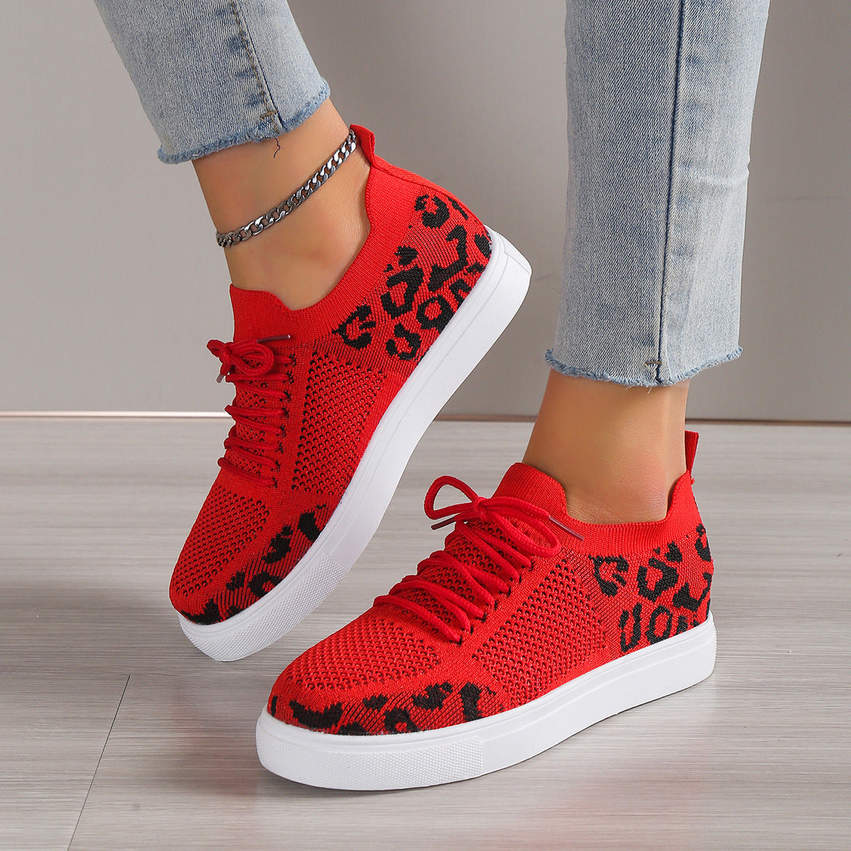 Blue Zone Planet | Lace-Up Leopard Flat Sneakers-SNEAKERS-[Adult]-[Female]-Red-36(US5)-2022 Online Blue Zone Planet