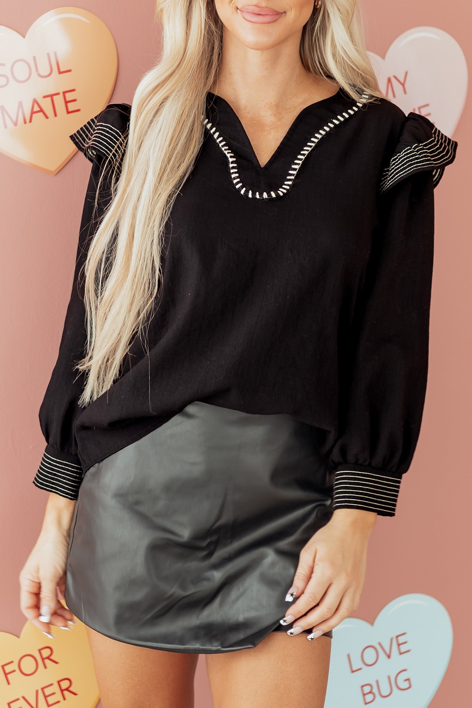 Black Contrast Stitched Detail V Neck Ruffle Long Sleeve Blouse-Tops/Blouses & Shirts-[Adult]-[Female]-2022 Online Blue Zone Planet