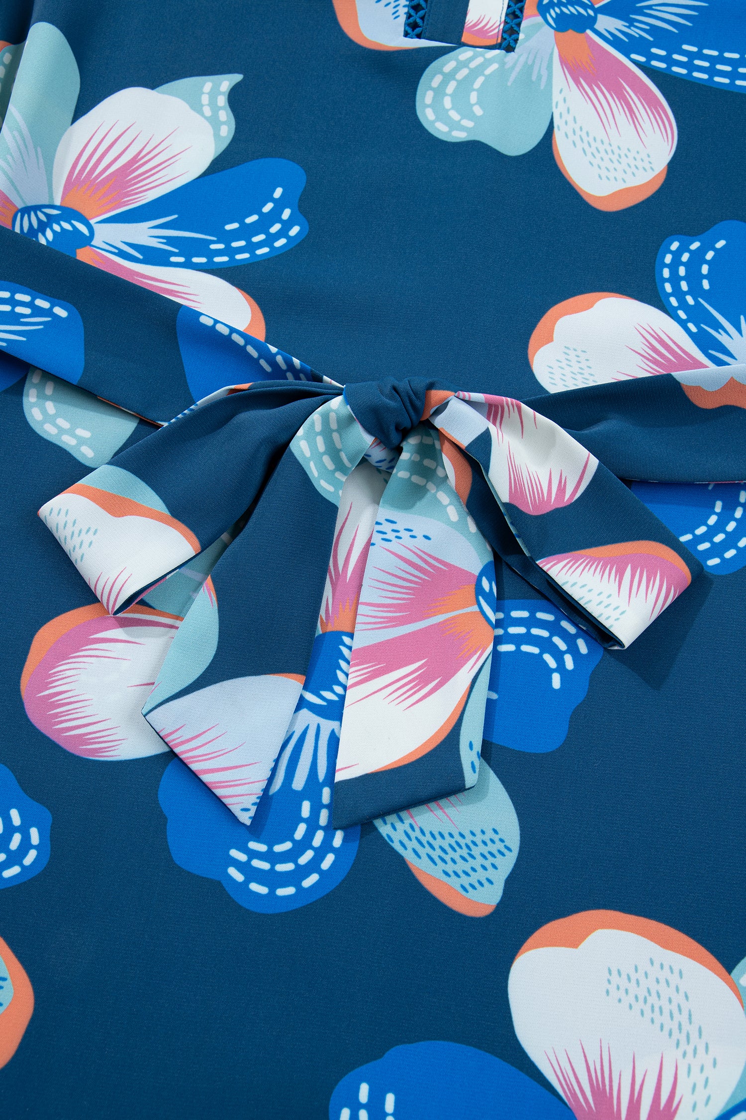 Blue Floral Print Short Puff Sleeve Ruffle Hem Belted Long Dress-TOPS / DRESSES-[Adult]-[Female]-2022 Online Blue Zone Planet