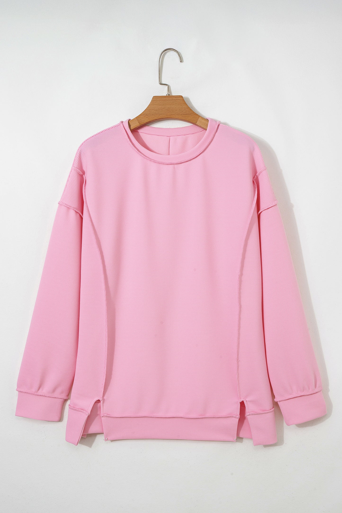 Pink Horizontal Ribbed Exposed Seam Detail Drop Shoulder Baggy Pullover-Tops/Long Sleeve Tops-[Adult]-[Female]-2022 Online Blue Zone Planet