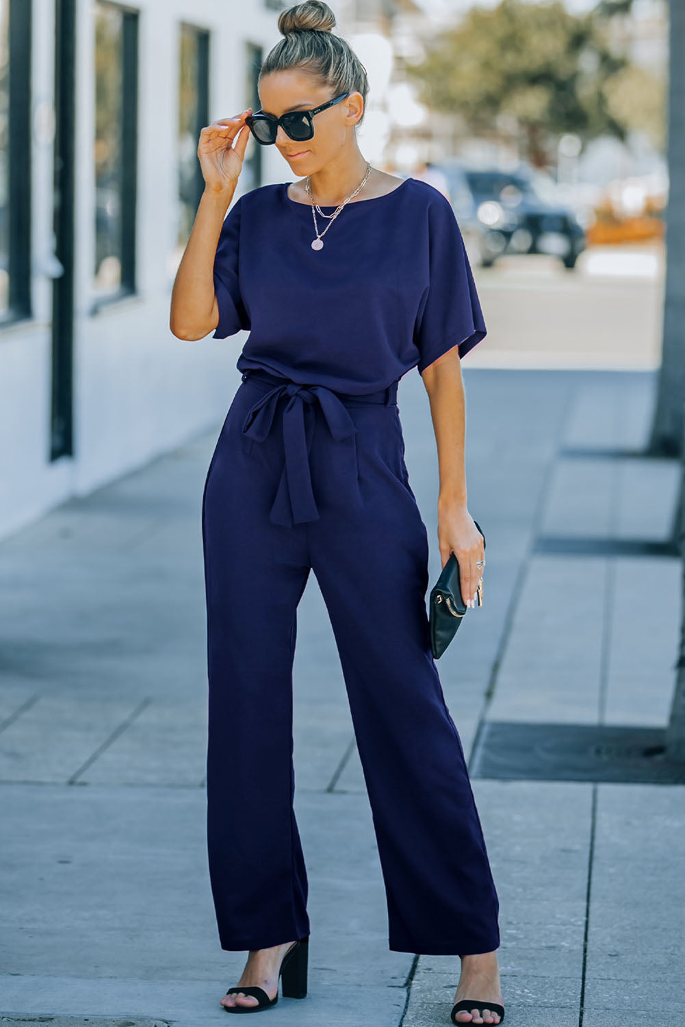 Blue Belted Wide Leg Jumpsuit-Bottoms/Jumpsuits & Rompers-[Adult]-[Female]-2022 Online Blue Zone Planet