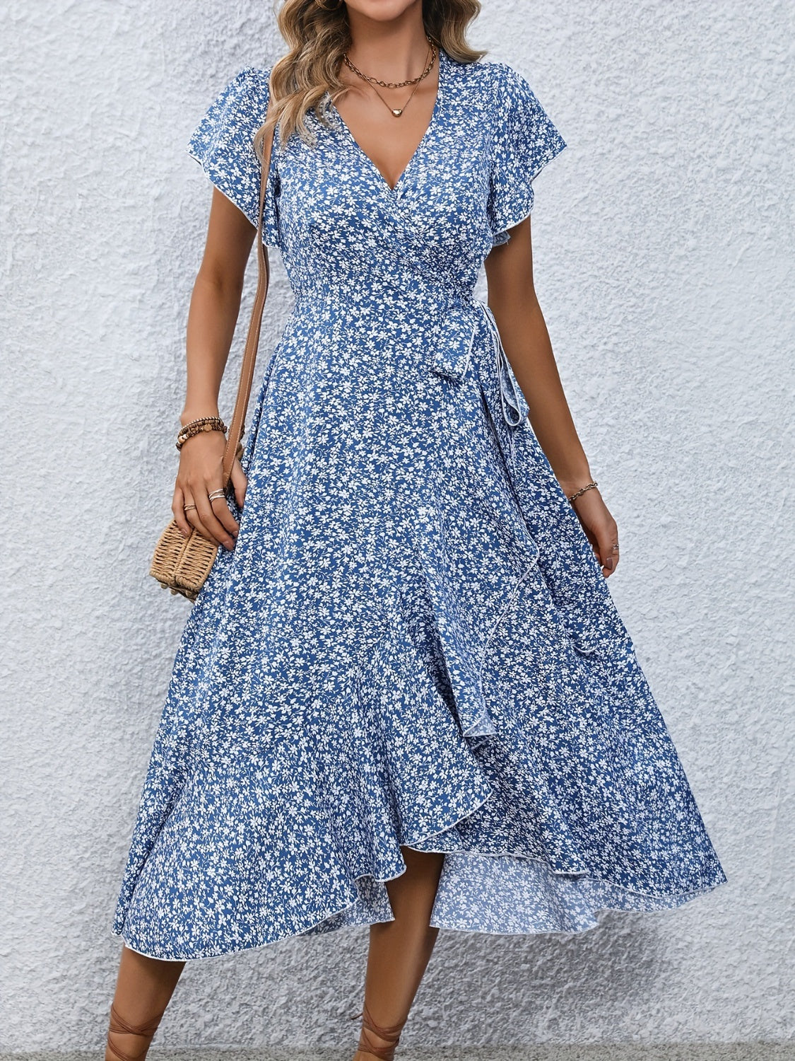 Printed Surplice Flutter Sleeve Midi Dress-TOPS / DRESSES-[Adult]-[Female]-Blue-S-2022 Online Blue Zone Planet