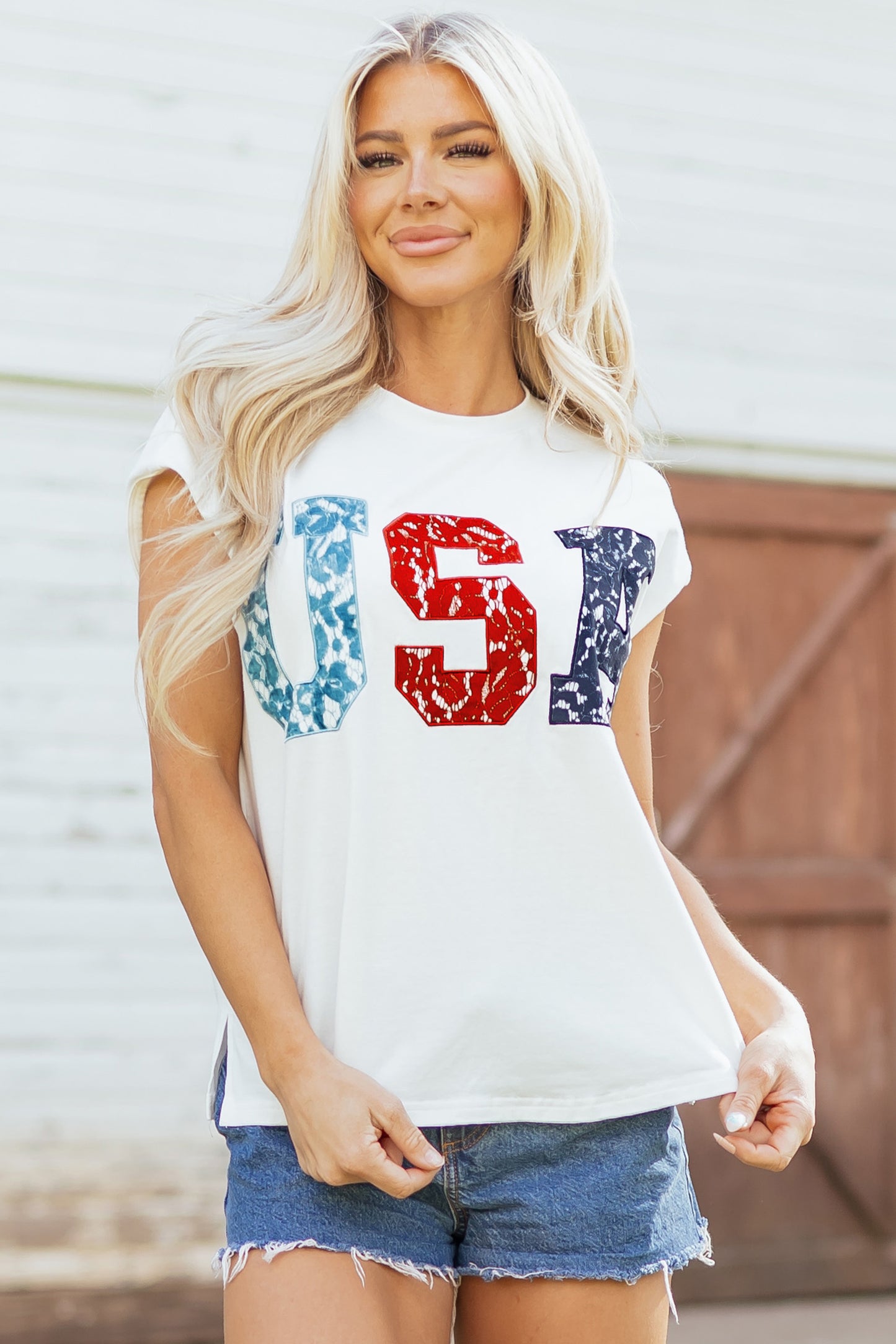 White Usa Color Block Letter Printed Dolman Tee-Tops/Tops & Tees-[Adult]-[Female]-2022 Online Blue Zone Planet