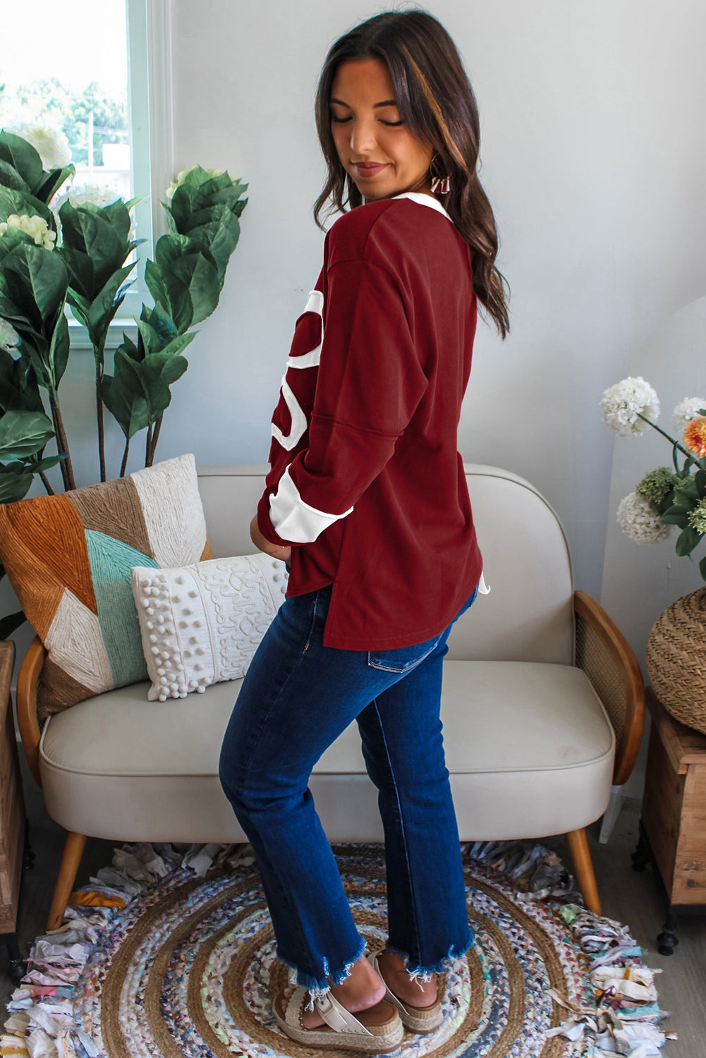 Red Dahlia Cheerful Daisy Flower Patched Round Neck Long Sleeve Top-Tops/Long Sleeve Tops-[Adult]-[Female]-2022 Online Blue Zone Planet
