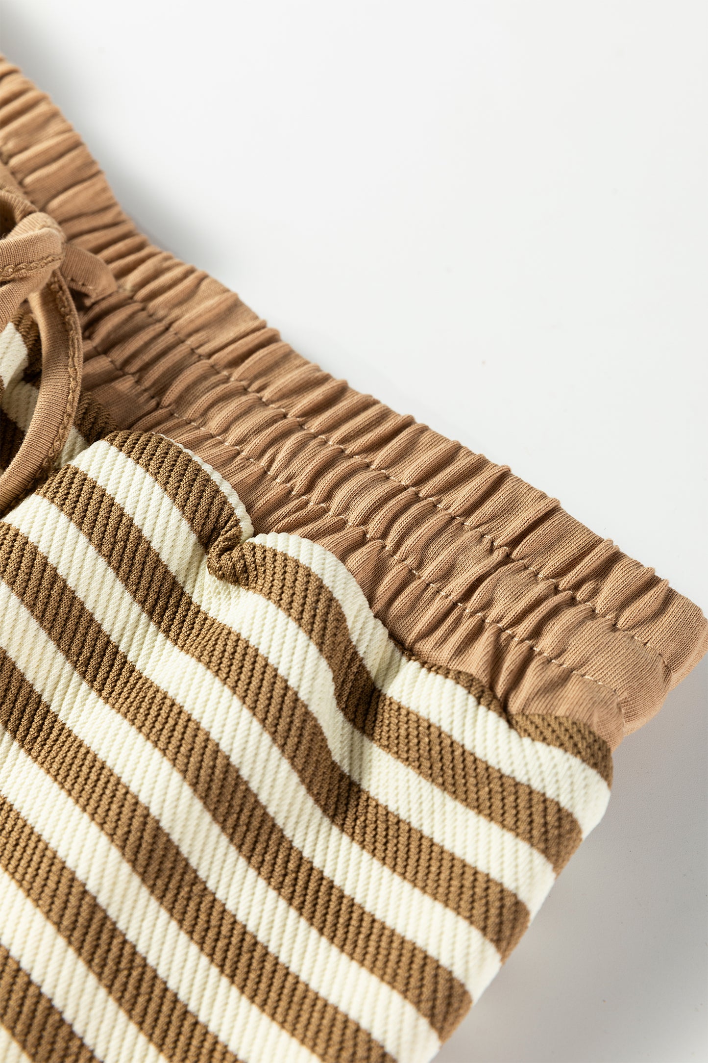 Brown Stripe Textured Drop Shoulder Pullover Top Drawstring Mini Skirt Two Piece Dress Set-TOPS / DRESSES-[Adult]-[Female]-2022 Online Blue Zone Planet