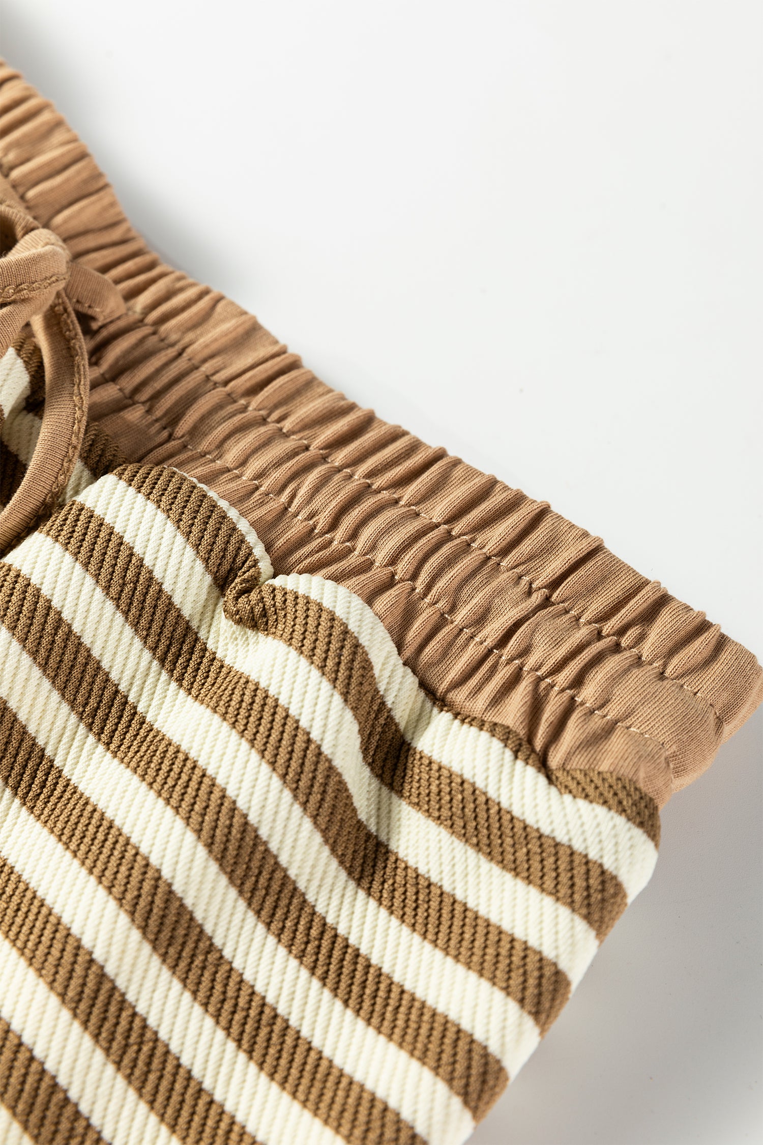 Brown Stripe Textured Drop Shoulder Pullover Top Drawstring Mini Skirt Two Piece Dress Set-TOPS / DRESSES-[Adult]-[Female]-2022 Online Blue Zone Planet