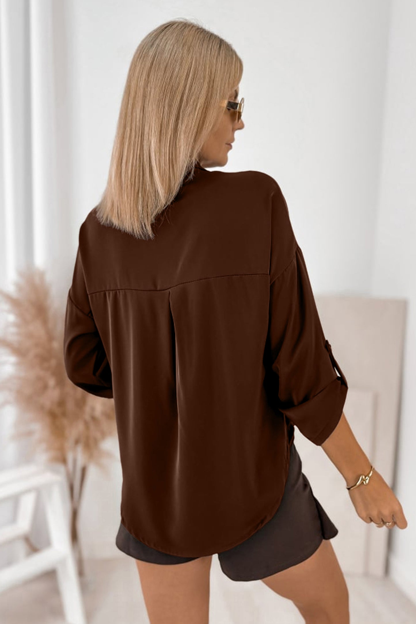 Coffee Multi Button Decoration Tab Long Sleeve Casual Shirt-Tops/Blouses & Shirts-[Adult]-[Female]-2022 Online Blue Zone Planet
