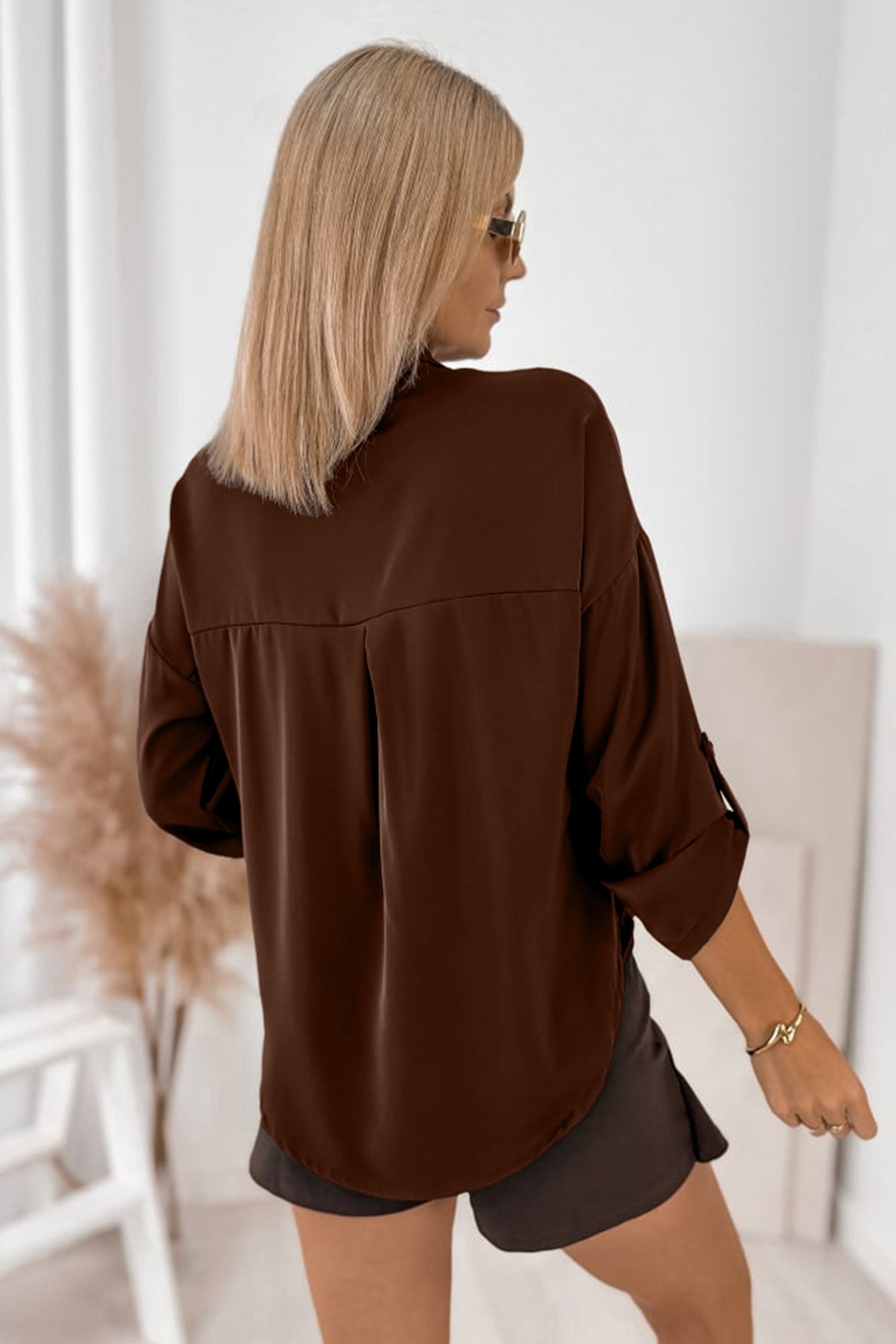 Coffee Multi Button Decoration Tab Long Sleeve Casual Shirt-Tops/Blouses & Shirts-[Adult]-[Female]-2022 Online Blue Zone Planet
