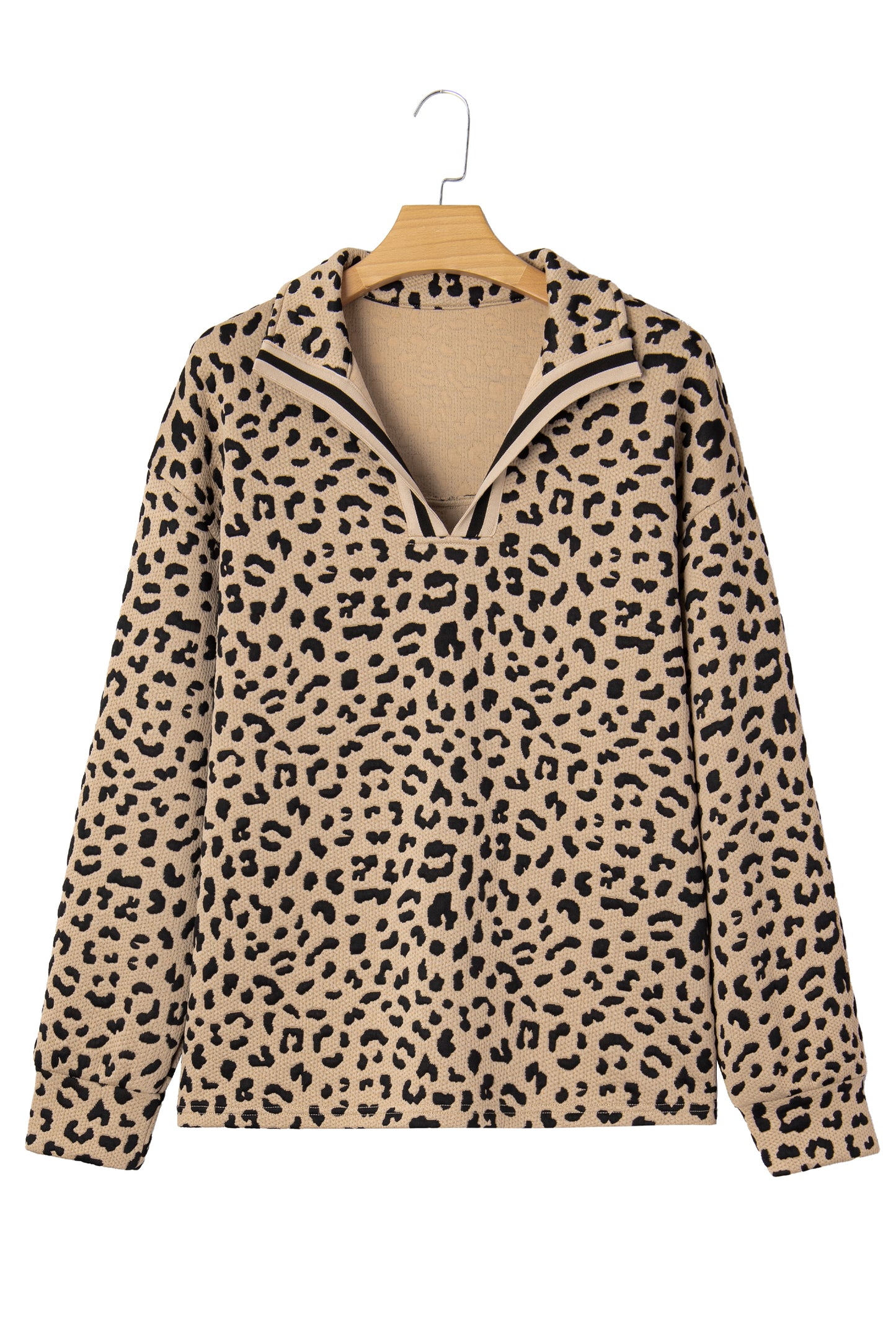 Parchment Leopard Polo Collar V Neck Pullover Top-Tops/Long Sleeve Tops-[Adult]-[Female]-2022 Online Blue Zone Planet