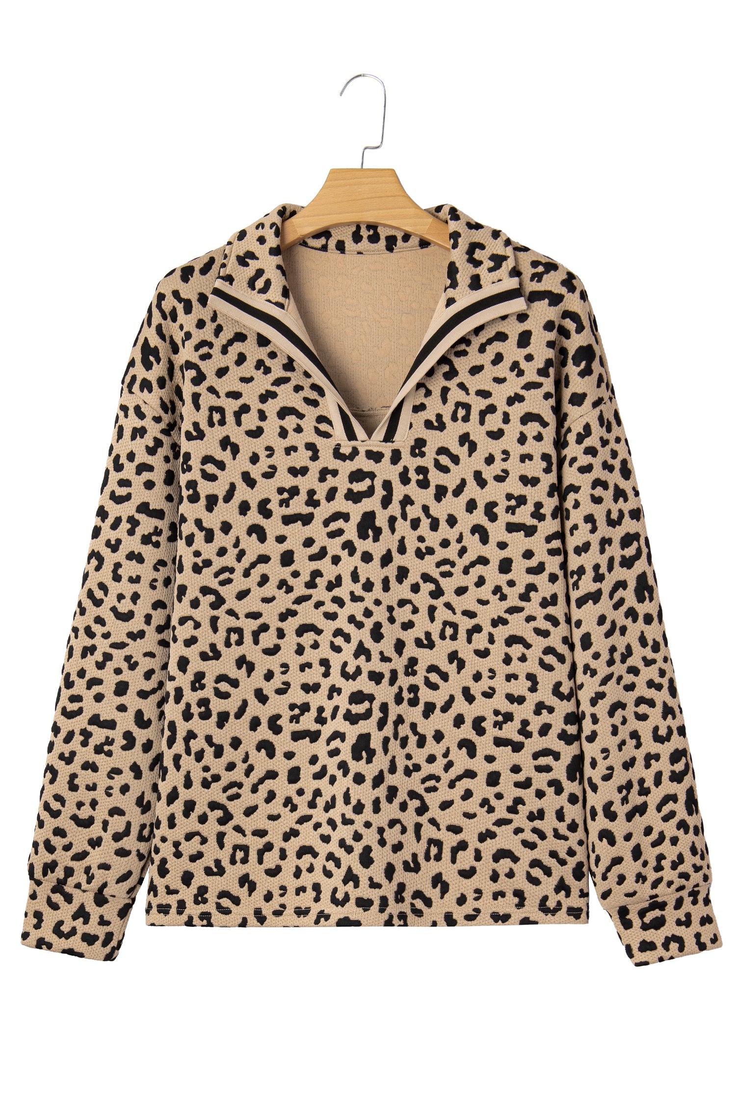 Parchment Leopard Polo Collar V Neck Pullover Top-Tops/Long Sleeve Tops-[Adult]-[Female]-2022 Online Blue Zone Planet