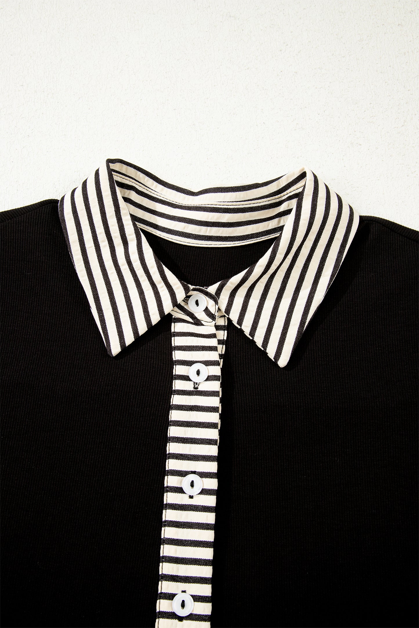 Black Stripe Detail Polo Collar Half Buttons Tied Short Sleeve Shift Mini Dress-TOPS / DRESSES-[Adult]-[Female]-2022 Online Blue Zone Planet