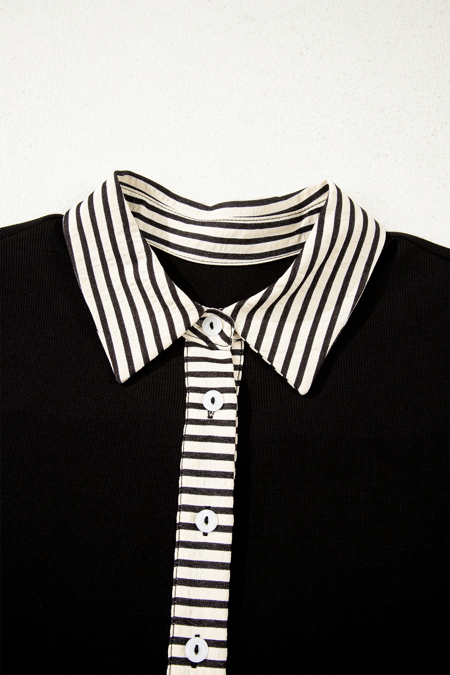 Black Stripe Detail Polo Collar Half Buttons Tied Short Sleeve Shift Mini Dress-TOPS / DRESSES-[Adult]-[Female]-2022 Online Blue Zone Planet