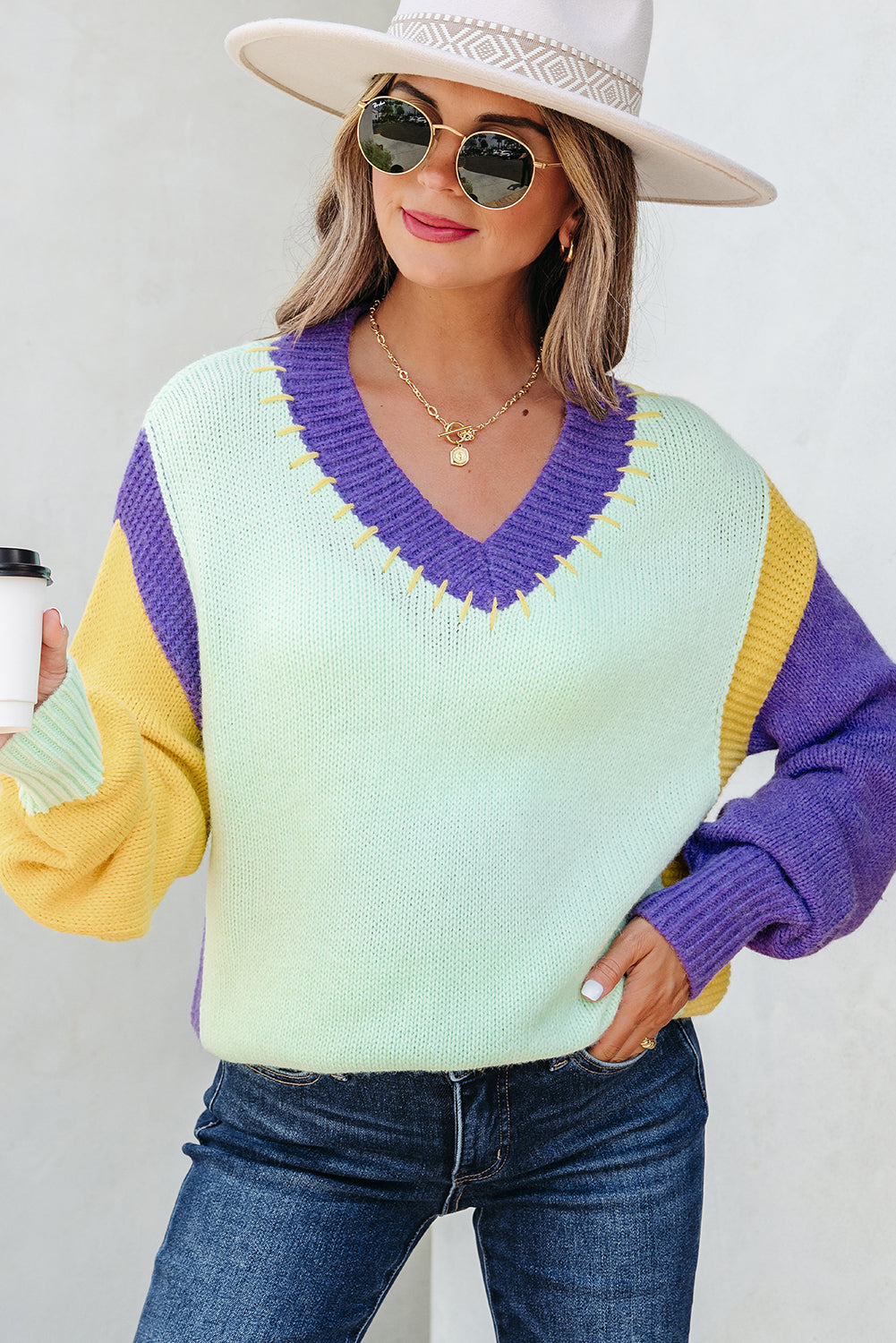 Green Stitched V Neck Color Block Knitted Drop Shoulder Sweater-TOPS / DRESSES-[Adult]-[Female]-2022 Online Blue Zone Planet