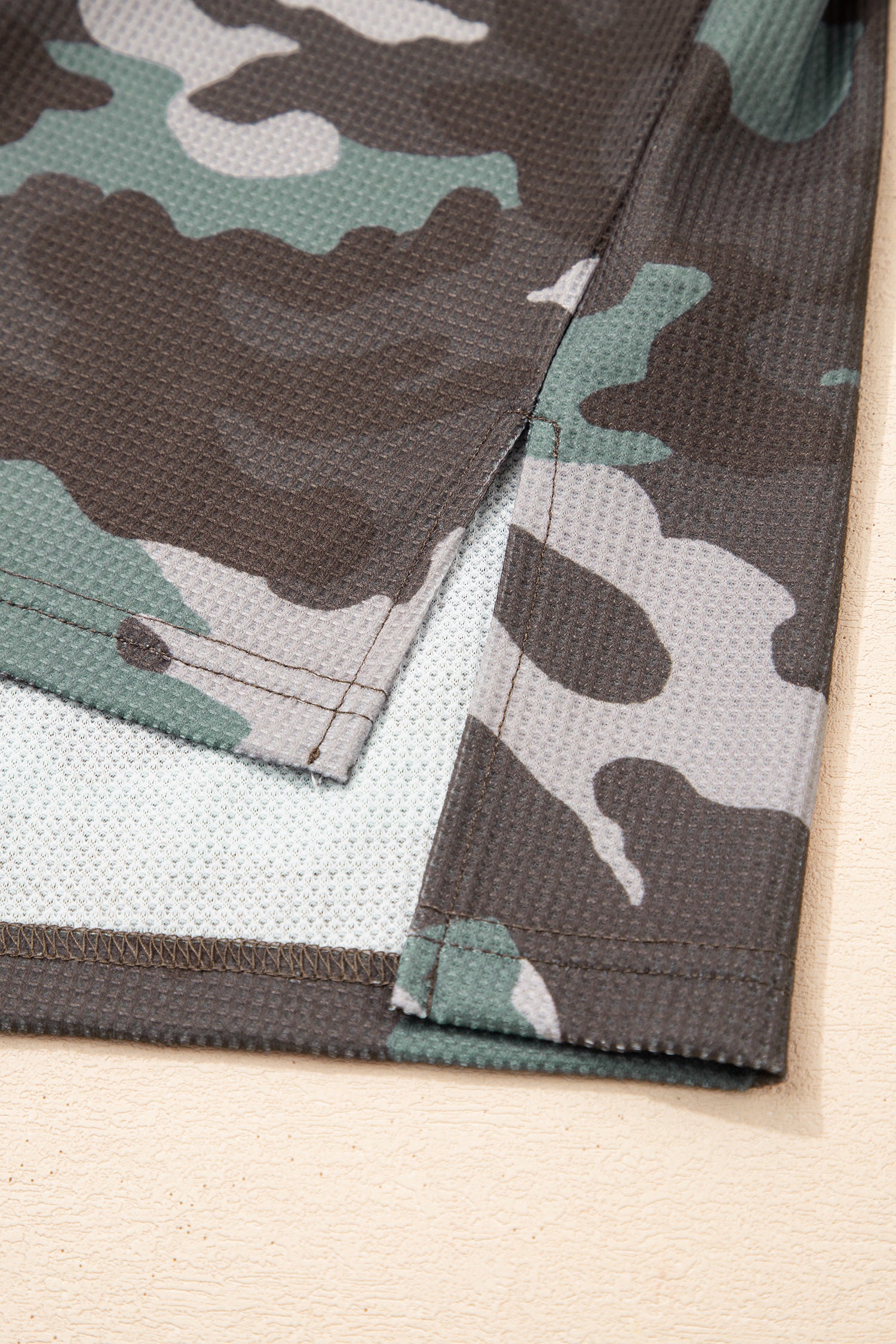 Green Camouflage Print Textured Drop Shoulder Long Sleeve Top-Tops/Long Sleeve Tops-[Adult]-[Female]-2022 Online Blue Zone Planet