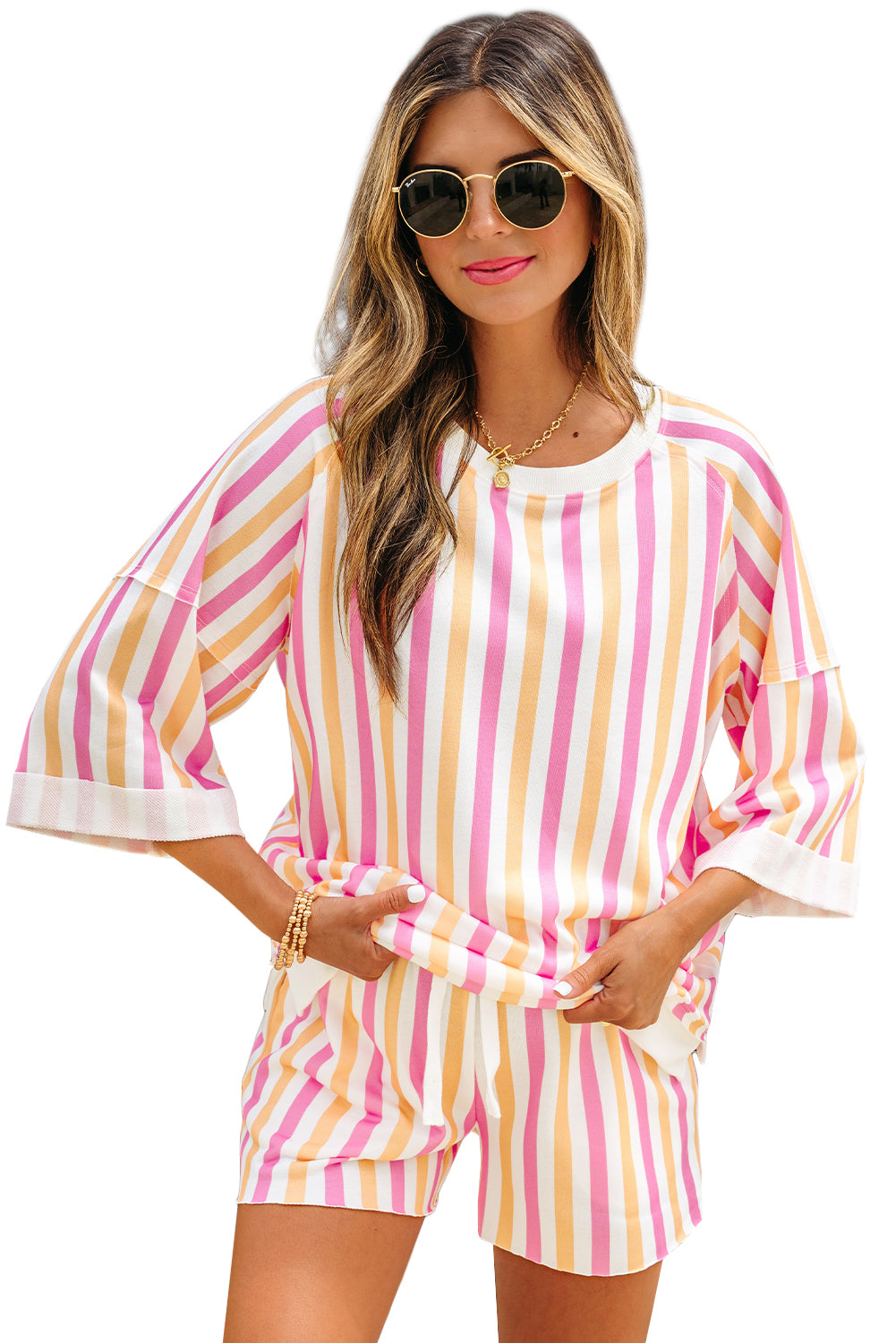 Pink Stripe Drop Shoulder Half Sleeve Loose Tee and Shorts Casual Set-Two Piece Sets/Short Sets-[Adult]-[Female]-2022 Online Blue Zone Planet