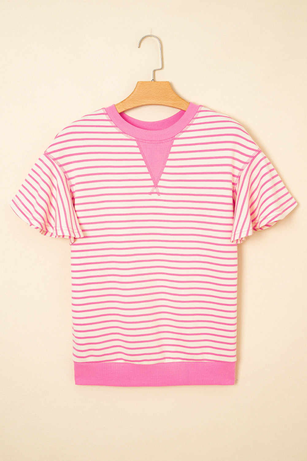 Sachet Pink Contrast Detail Striped Ruffle Short Sleeve Top-Tops/Tops & Tees-[Adult]-[Female]-2022 Online Blue Zone Planet