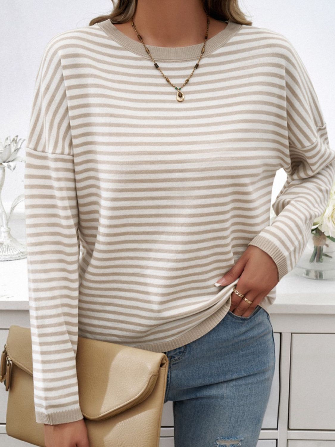 Striped Round Neck Dropped Shoulder Sweater-TOPS / DRESSES-[Adult]-[Female]-Khaki-S-2022 Online Blue Zone Planet