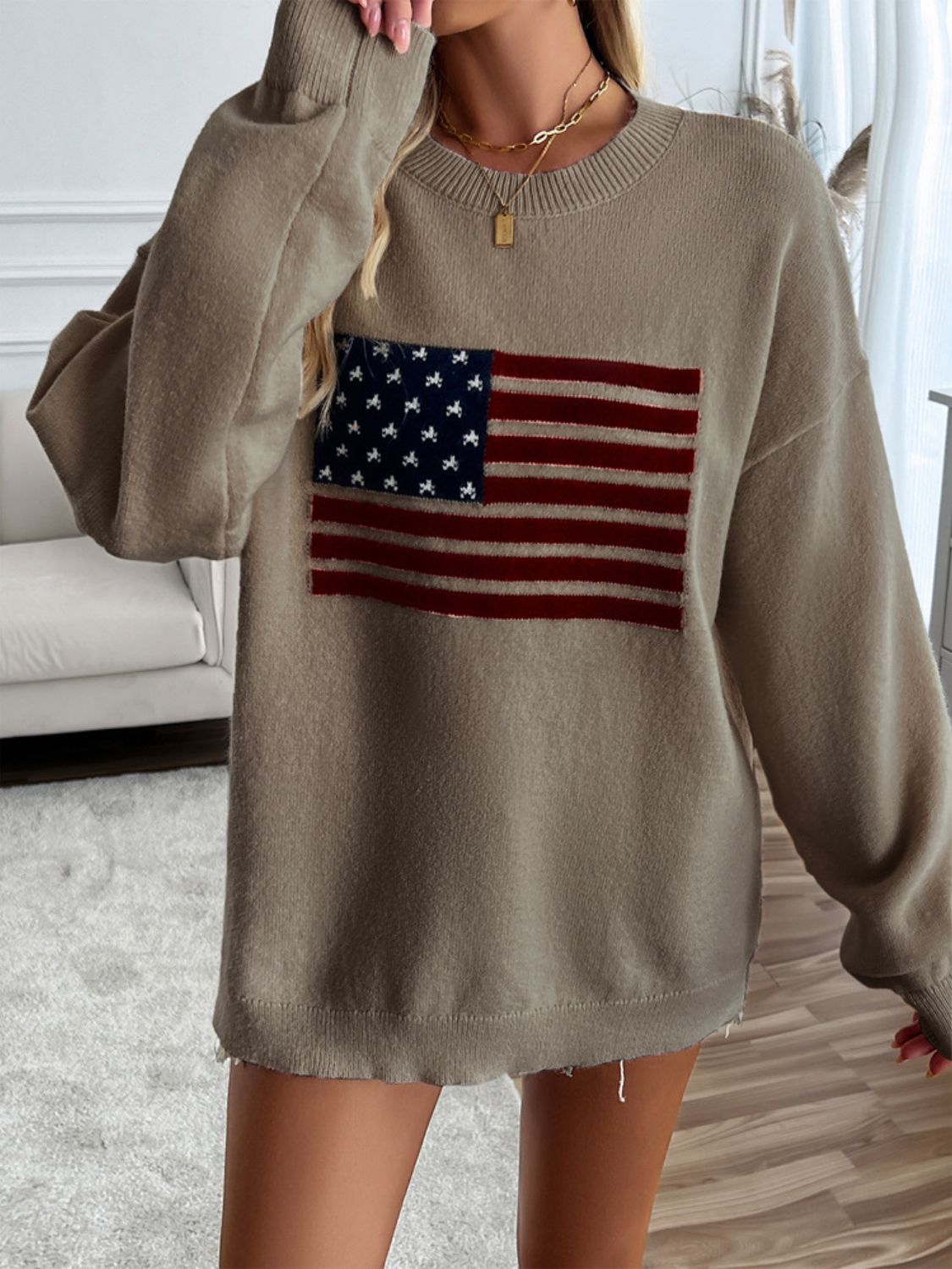 Devine US Flag Round Neck Long Sleeve Knit Top-TOPS / DRESSES-[Adult]-[Female]-Mocha-S-2022 Online Blue Zone Planet