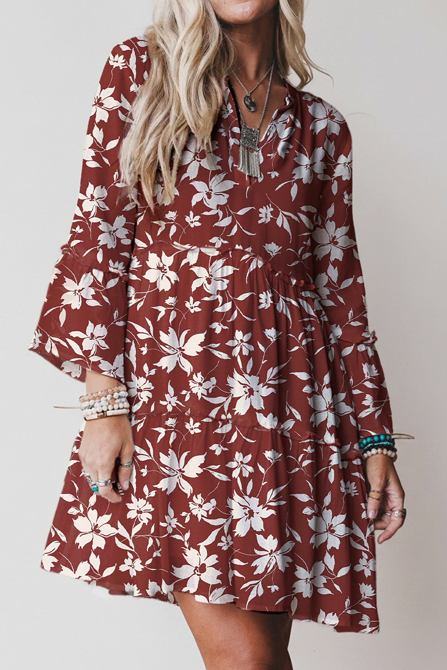 Red Boho Floral Print Lettuce Trim 3/4 Sleeve Mini Dress-TOPS / DRESSES-[Adult]-[Female]-2022 Online Blue Zone Planet