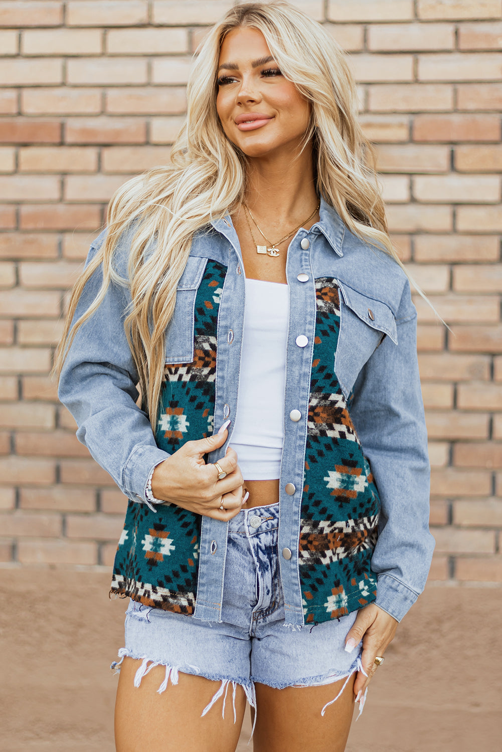 Blue Zone Planet | Blue Aztec Printed Denim Jacket-Outerwear/Denim jackets-[Adult]-[Female]-Blue-S-2022 Online Blue Zone Planet