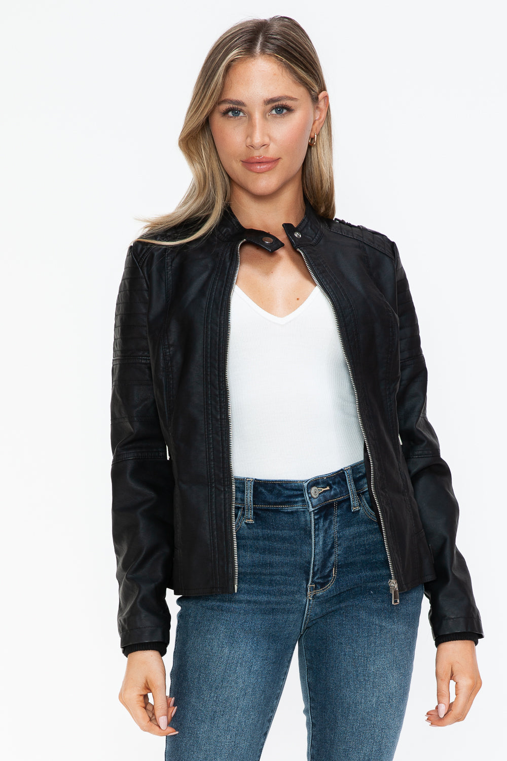 Blue Zone Planet | Snobbish PU Leather Biker Jacket with Side Zip Pockets-TOPS / DRESSES-[Adult]-[Female]-Black-S-2022 Online Blue Zone Planet