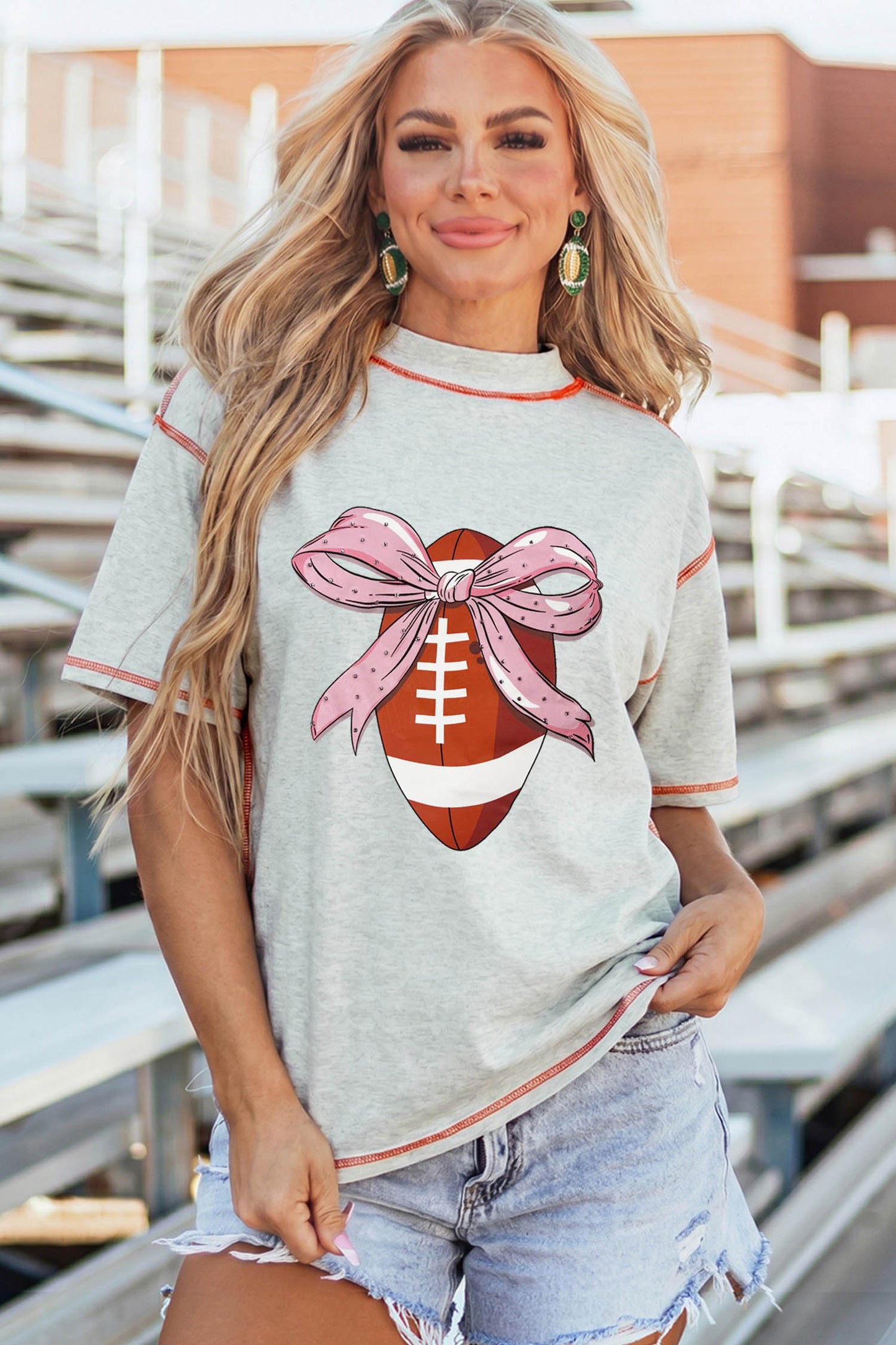Light Grey Sweet Bow Rugby Football Graphic Contrast Stitched Tee
