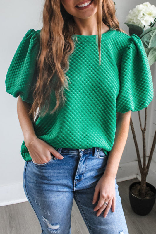 Sea Green Solid Textured O Neck Puff Sleeve Blouse-Tops/Blouses & Shirts-[Adult]-[Female]-Sea Green-S-2022 Online Blue Zone Planet