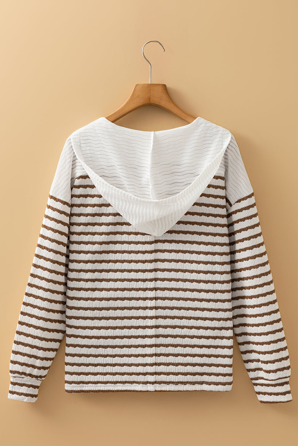 Khaki Stripe Buttoned V Neck Textured Hooded Plus Size Top-Tops / Dresses-[Adult]-[Female]-2022 Online Blue Zone Planet