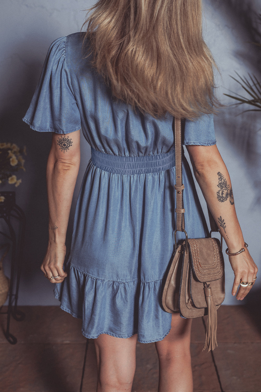Ashleigh Blue Ruffled V Neck Smocked High Waist Denim Mini Dress-TOPS / DRESSES-[Adult]-[Female]-2022 Online Blue Zone Planet