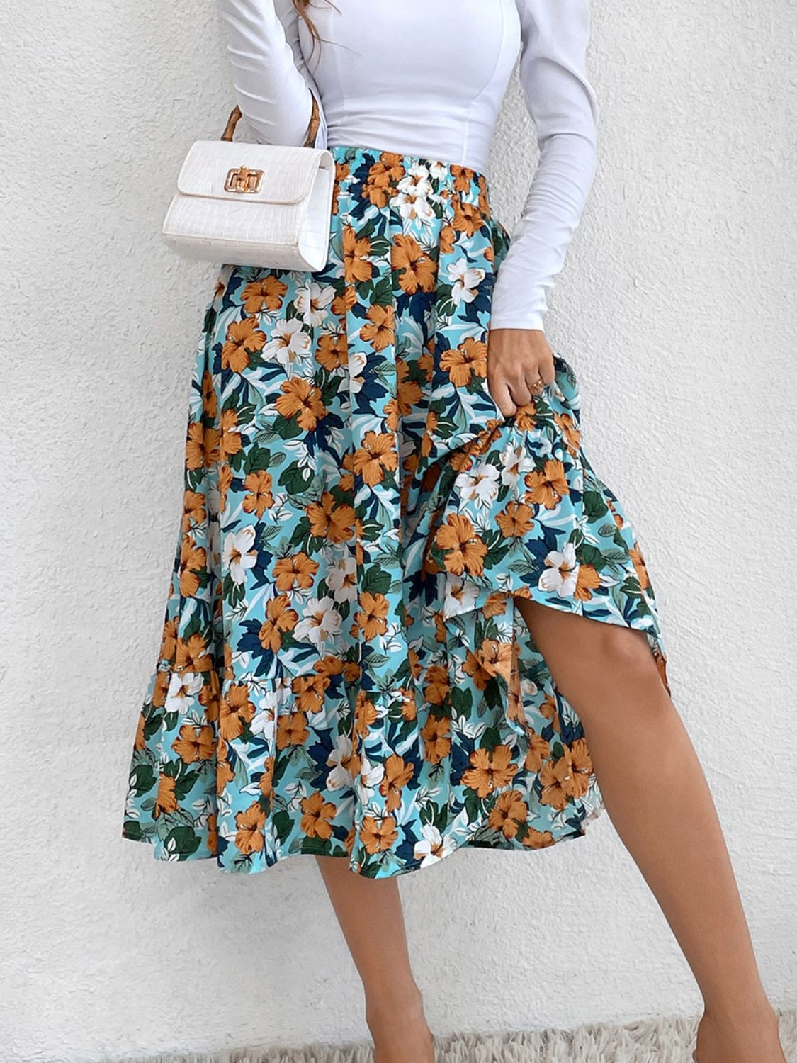 Printed Elastic Waist Midi Skirt-BOTTOM SIZES SMALL MEDIUM LARGE-[Adult]-[Female]-2022 Online Blue Zone Planet