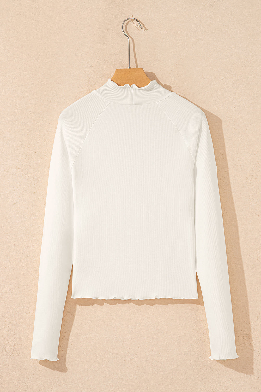 White Ribbed Knit Lettuce Trim High Neck Long Sleeve Top-TOPS / DRESSES-[Adult]-[Female]-2022 Online Blue Zone Planet